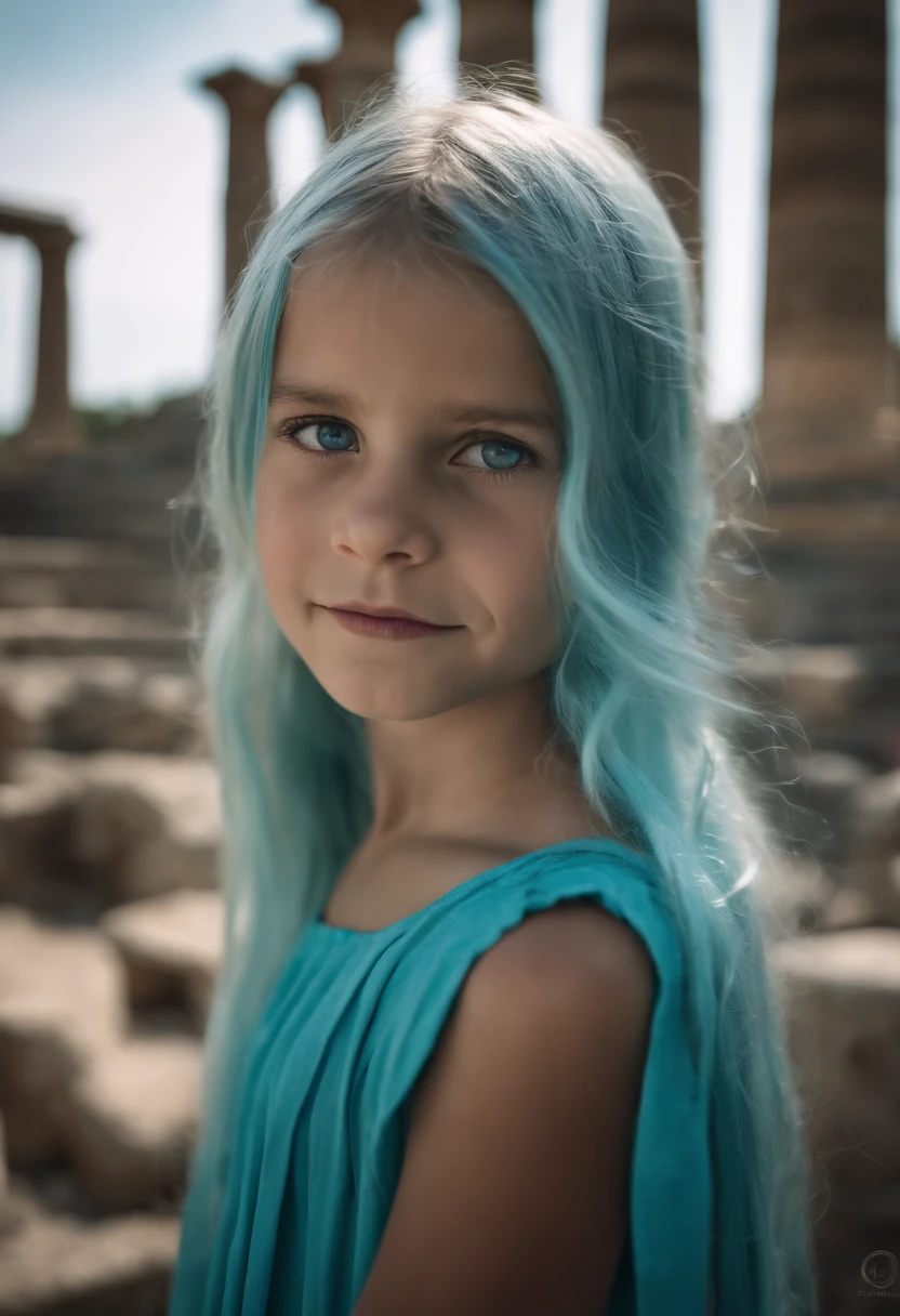 A beautiful girl, about . Long light blue hair, straight hair, ((messy)) hair, ((bangs)) and big blue eyes. Turquoise tunic and purple tide pants. Greek templo ruins background.