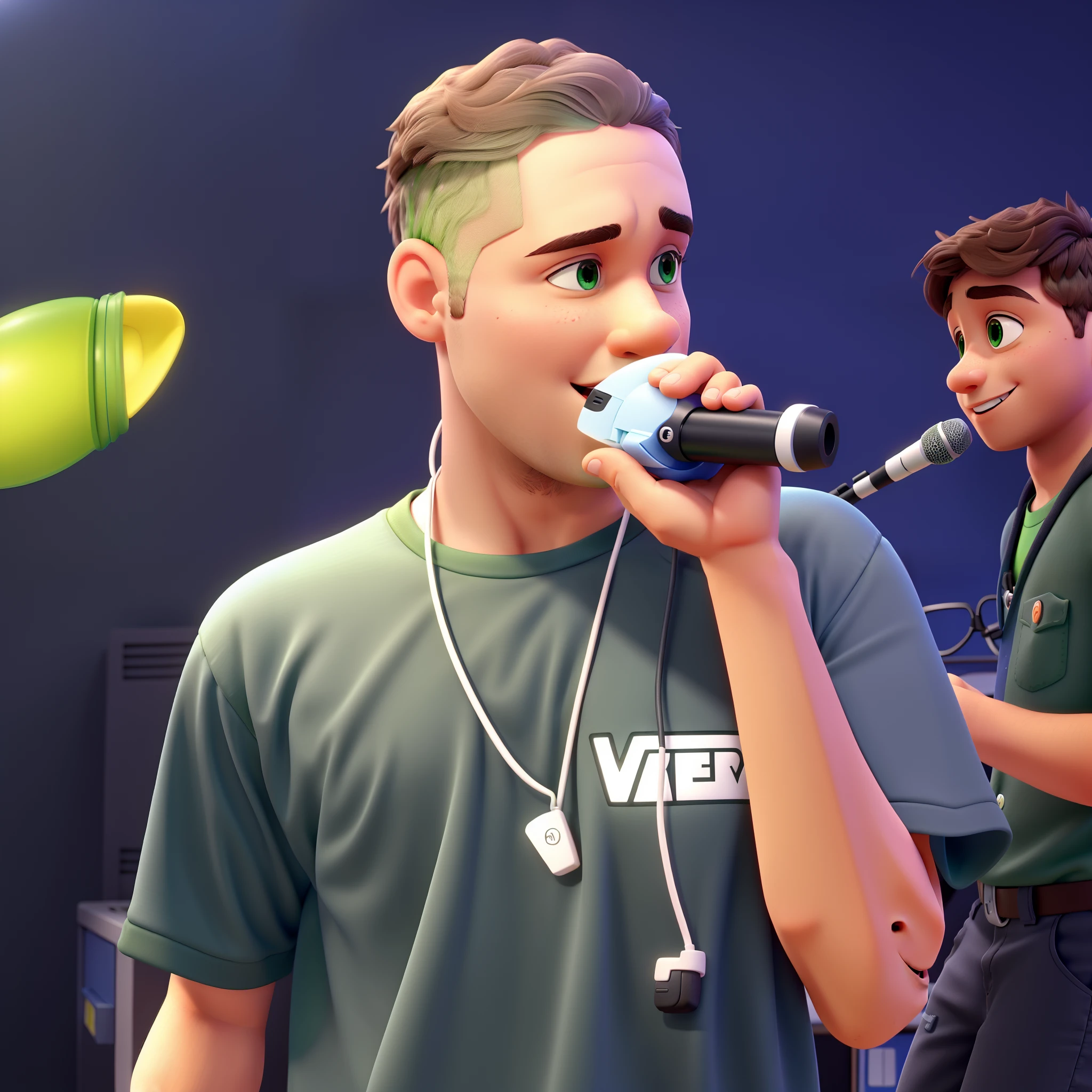 Um menino moreno cantando, de olhos verdes, com um microfone, Disney pixar, alta qualidade
