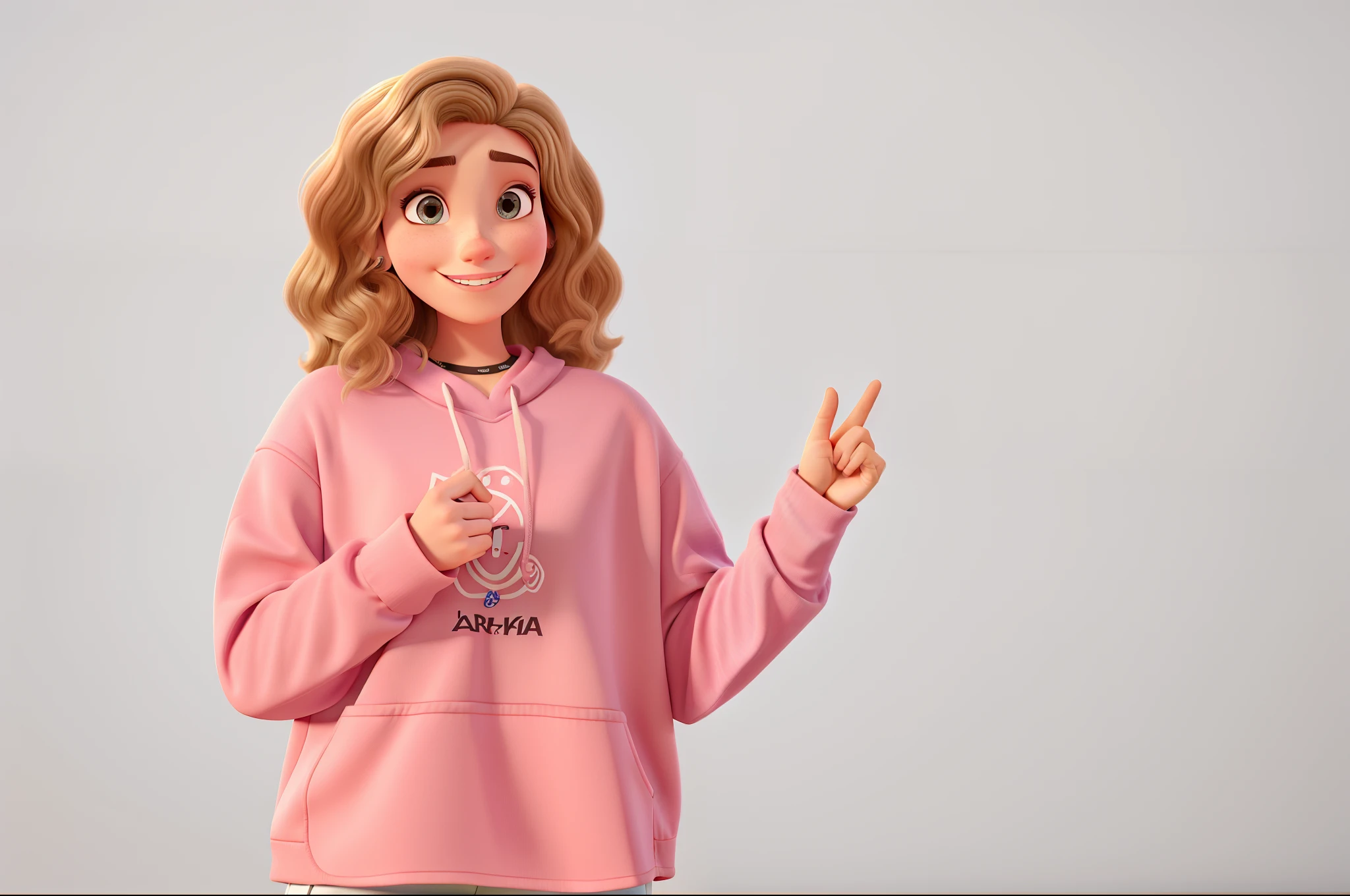 uma mulher branca, usando camiseta branca, com sorriso no rosto, estilo disney pixar, alta qualidade, melhor qualidade
