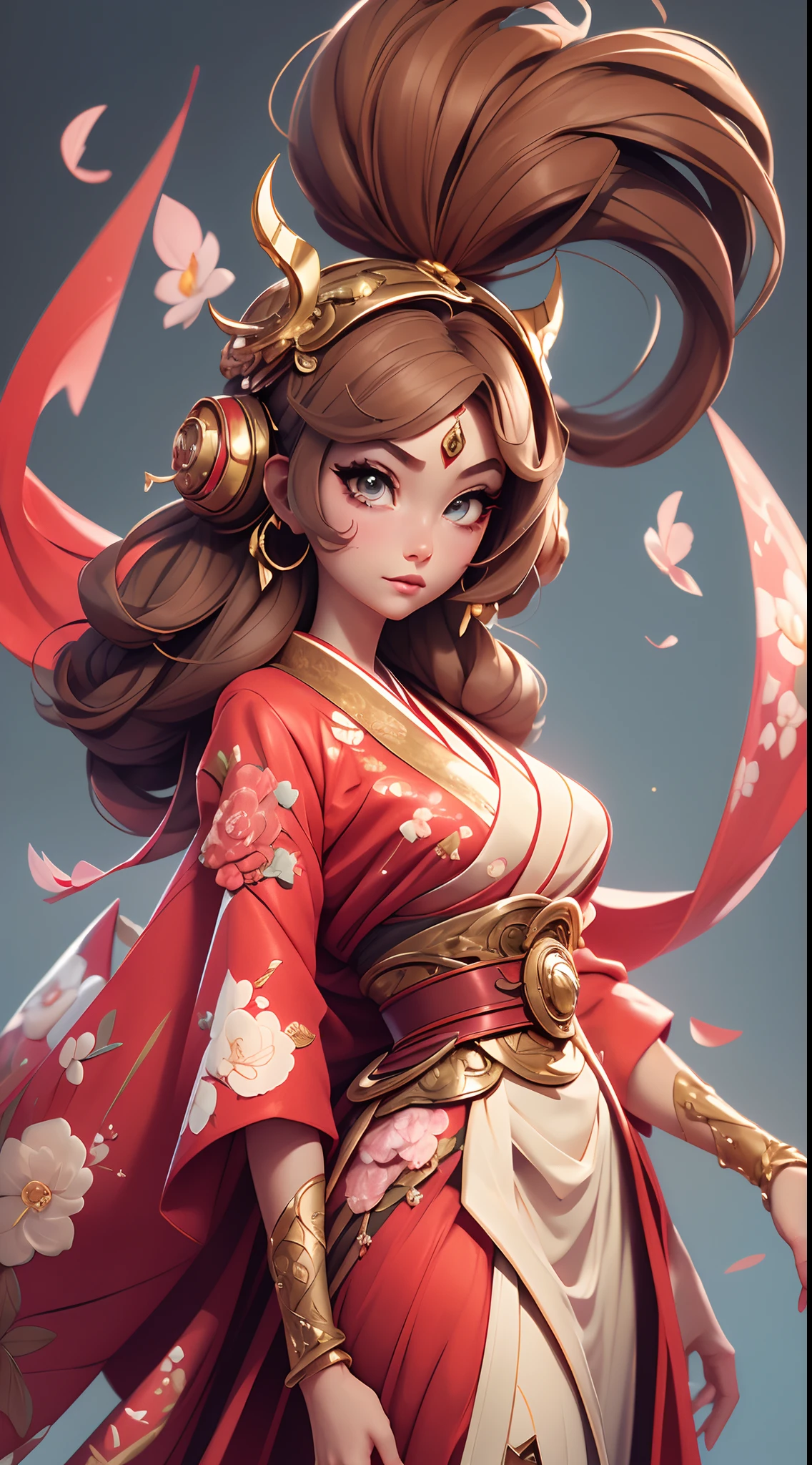 A fantz monster design, Ginza，Cute robot [style-rustmagic]，Female robot in a delicate kimono，Half-human, tmasterpiece，（tmasterpiece，top-quality，best qualityer），Gal Gadot, Perfect eyes, Beautiful face，pale brown hair, short detailed hair, bobo head, side parted hair,Background of details，Break ,exquisite costumes(Luxury kimono(red kimono(Detailed Embroidery)),Break,Wallpapers 16K,(masutepiece:1.5), (Best quality:1.5),Cute big ribbon，Shoulders exposed，