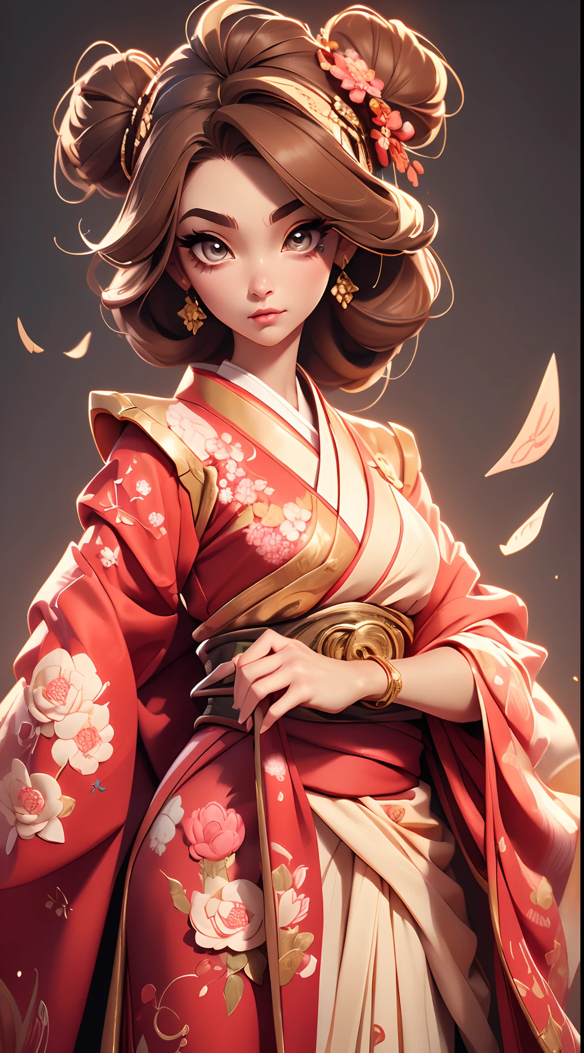 A fantz monster design, Ginza，Cute robot [style-rustmagic]，Female robot in a delicate kimono，Half-human, tmasterpiece，（tmasterpiece，top-quality，best qualityer），Gal Gadot, Perfect eyes, Beautiful face，pale brown hair, short detailed hair, bobo head, side parted hair,Background of details，Break ,exquisite costumes(Luxury kimono(red kimono(Detailed Embroidery)),Break,Wallpapers 16K,(masutepiece:1.5), (Best quality:1.5),Cute big ribbon，Shoulders exposed，