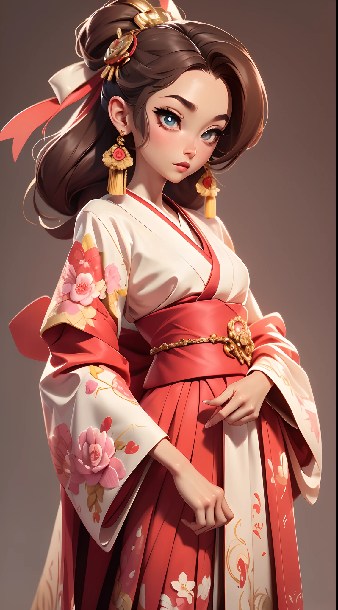 A fantz monster design, Ginza，Cute robot [style-rustmagic]，Female robot in a delicate kimono，Half-human, tmasterpiece，（tmasterpiece，top-quality，best qualityer），Gal Gadot, Perfect eyes, Beautiful face，pale brown hair, short detailed hair, bobo head, side parted hair,Background of details，Break ,exquisite costumes(Luxury kimono(red kimono(Detailed Embroidery)),Break,Wallpapers 16K,(masutepiece:1.5), (Best quality:1.5),Cute big ribbon，Shoulders exposed，
