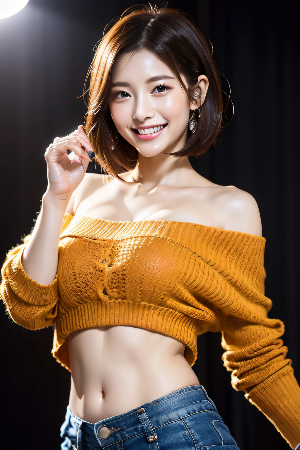 Wall background,(Intense dance motion:1.3),Big movement with outstretched hands,
Add a motion blur effect to simulate motion,off shoulders,The navel reveals the appearance,Lace Loose Sweater,Dabo Dabo Cargo Pants,Costumes disturbed by dance movements,disheveled hair,Glossy light brown and orange striped short-cut hair,(A smile that makes people happy:1.3),large full breasts,(in 8K, Raw photo, Best Quality, masutepiece,Ulutra HD),Studio Lighting,Cinematic lighting,(Realistic, Photorealsitic),Digital SLR,Looking at the camera,Beautiful hands,Beautiful fingers,Detailed finger features,detailed clothes features,Detailed hair features,detailed facial features,