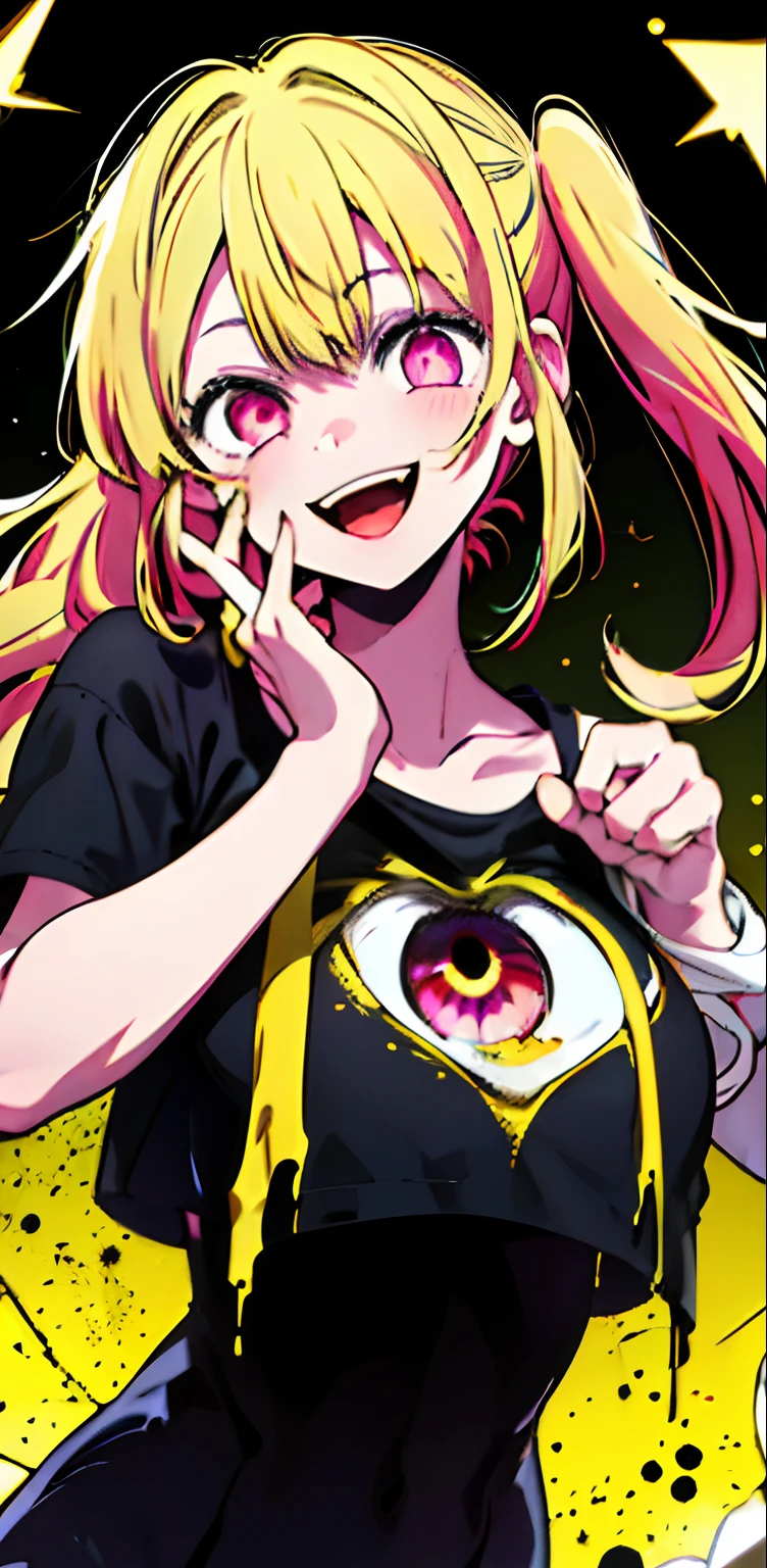 original character , 1girl, (crazy smile:1.2) ,  blonde hair , bangs , crazy eyes , hands on face , yellow blood splatter on face , yellow and black color scheme, open mouth, (wide-eyed:1.2), glowing eyes, left star shaped eye, star shaped eye,  pink eyes, pink eyes