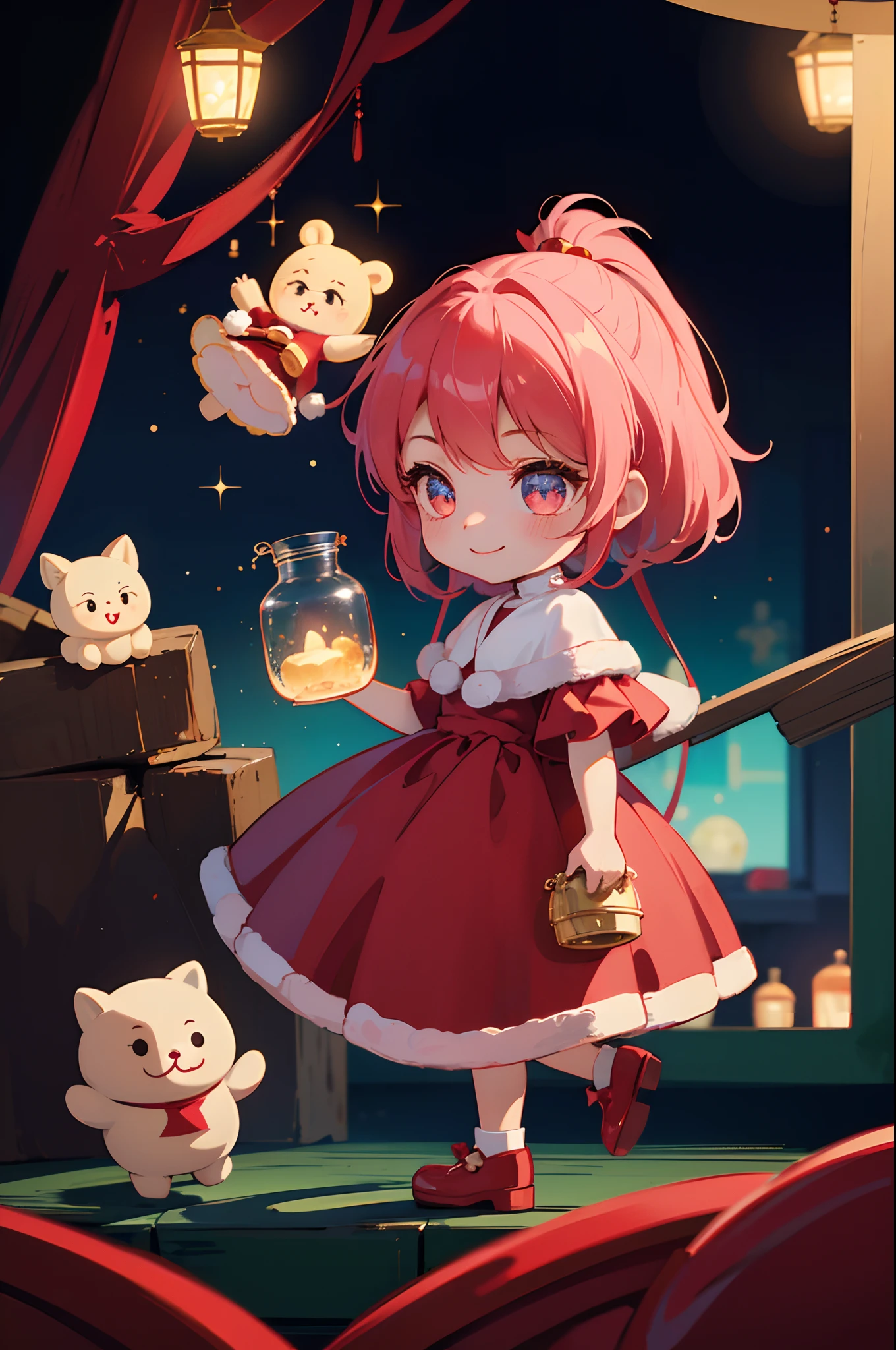 ((top-quality))、 ((masterpiece))、A chibi doll trapped in a magic jar、Dressed as Santa Claus、A smile、Chibi Doll、Stars in the eyes(kirakira)、Eye Up、Laugh、Cute red shoes、 radiant light、bio luminescent、Taken from the side、Stronger bokeh effect
