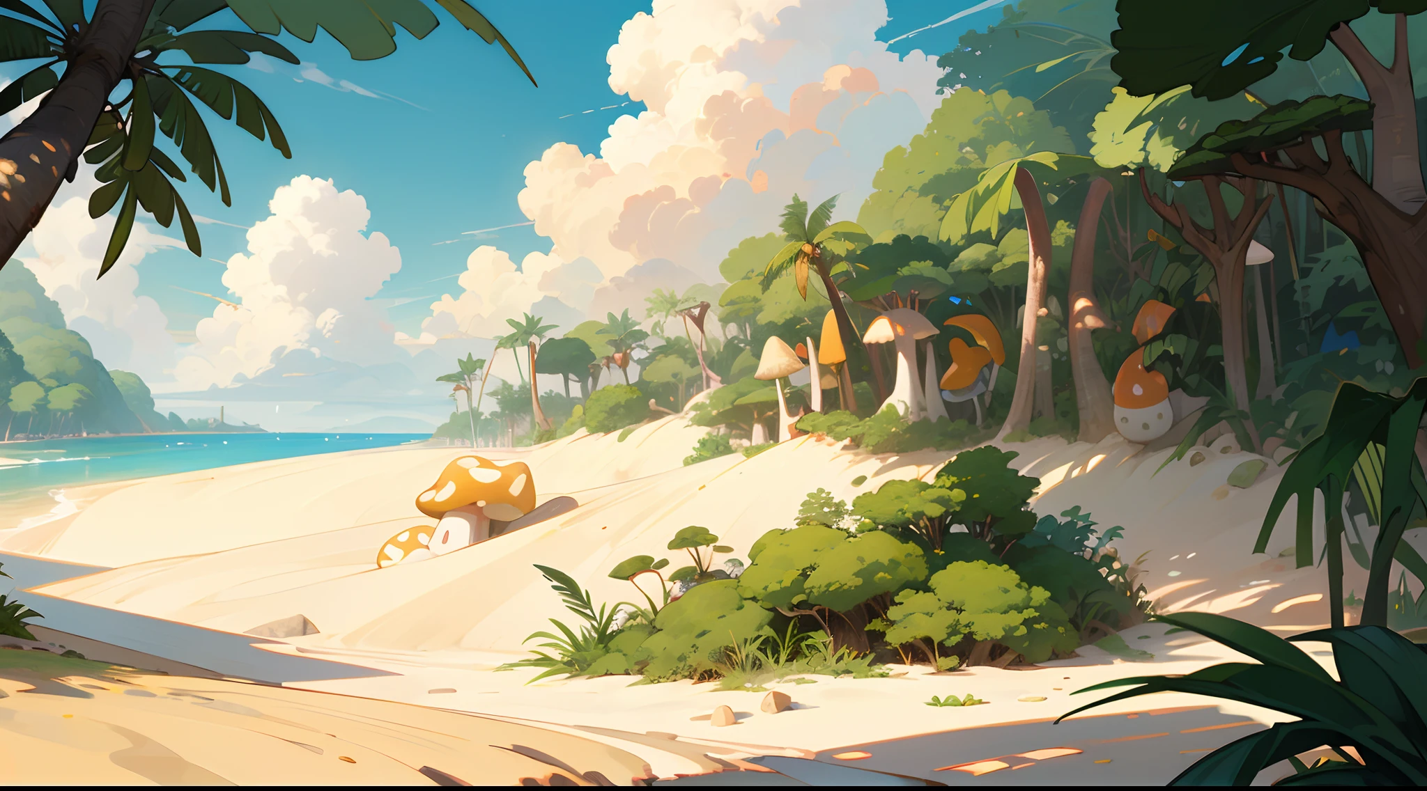 (anime style background, anime background illustration), landscape, summer scenery, (beach sand:1.2), sky, clouds, (jungle, forest:1.2), (empty ground:1.2), trunk, mangrove, green monstera, a stone, (mushrooms), plant, (trees), flower, grass, bush, broadleaf plant, (detailed, masterpiece, aesthetic, high quality,)
