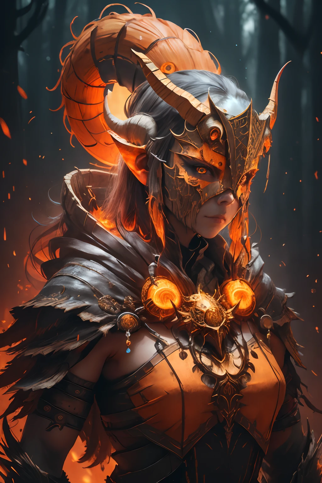 sh4g0d,
girl shaman, wearing mask made of wood, portrait, standing in an s-shape, red ringlets, sexy breast, 4k , great details and colours
