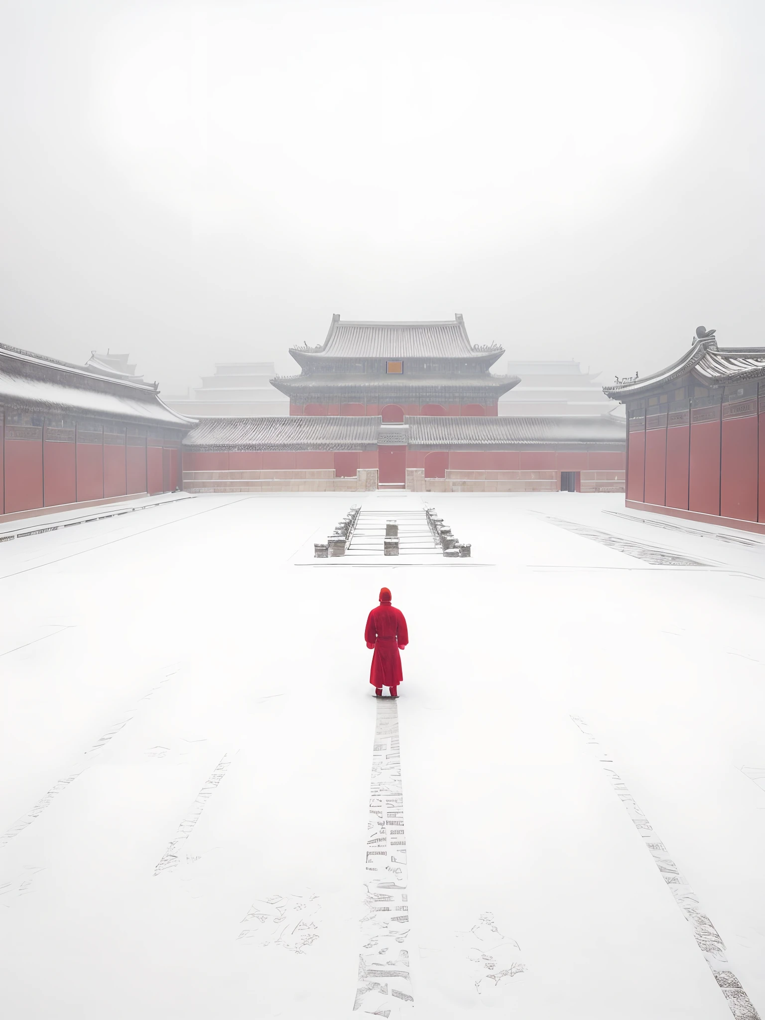 A man in a red robe stands in a snowy courtyard, By Fei Danxu, in forbidden city, It snowed in the Forbidden City, In the foreground there are branches hanging down,Snowflakes in the sky,