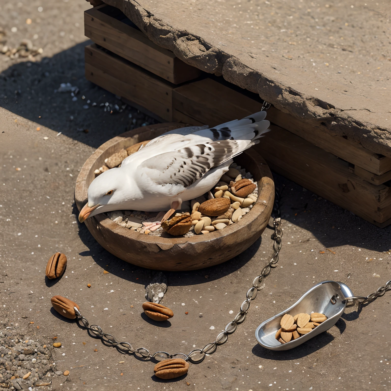 Seagull with nuts and a necklace with salty