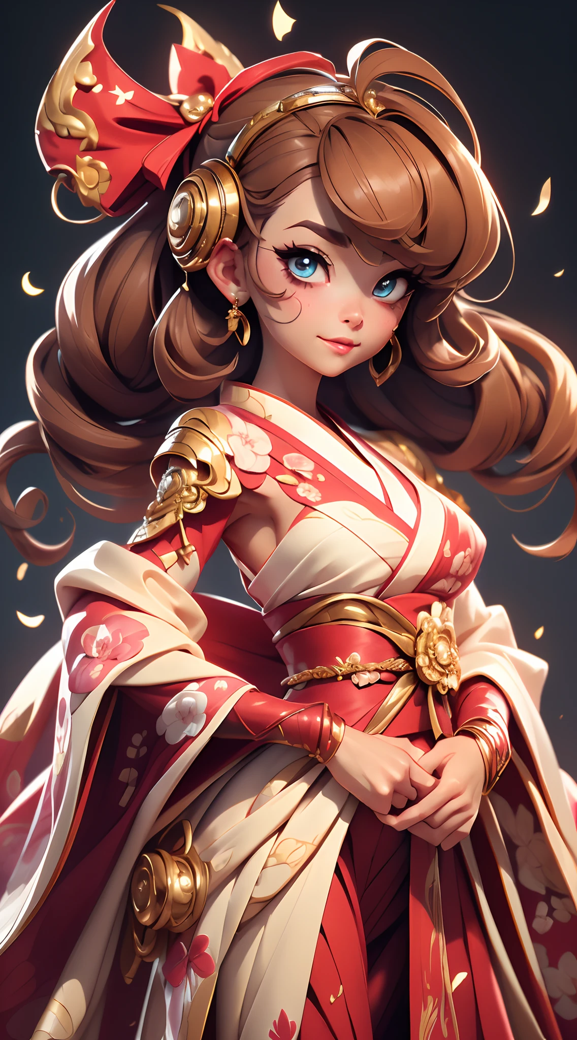 A fantz monster design, Ginza，Cute robot [style-rustmagic]，Female robot in a delicate kimono，Half-human, tmasterpiece，（tmasterpiece，top-quality，best qualityer），Gal Gadot, Perfect eyes, Beautiful face，pale brown hair, short detailed hair, bobo head, side parted hair,Background of details，Break ,exquisite costumes(Luxury kimono(red kimono(Detailed Embroidery)),Break,Wallpapers 16K,(masutepiece:1.5), (Best quality:1.5),Cute big ribbon，A paper fan covers your face，ssmile，Goji，Shoulders exposed，Scenes：liquor store，stage，Dancing，