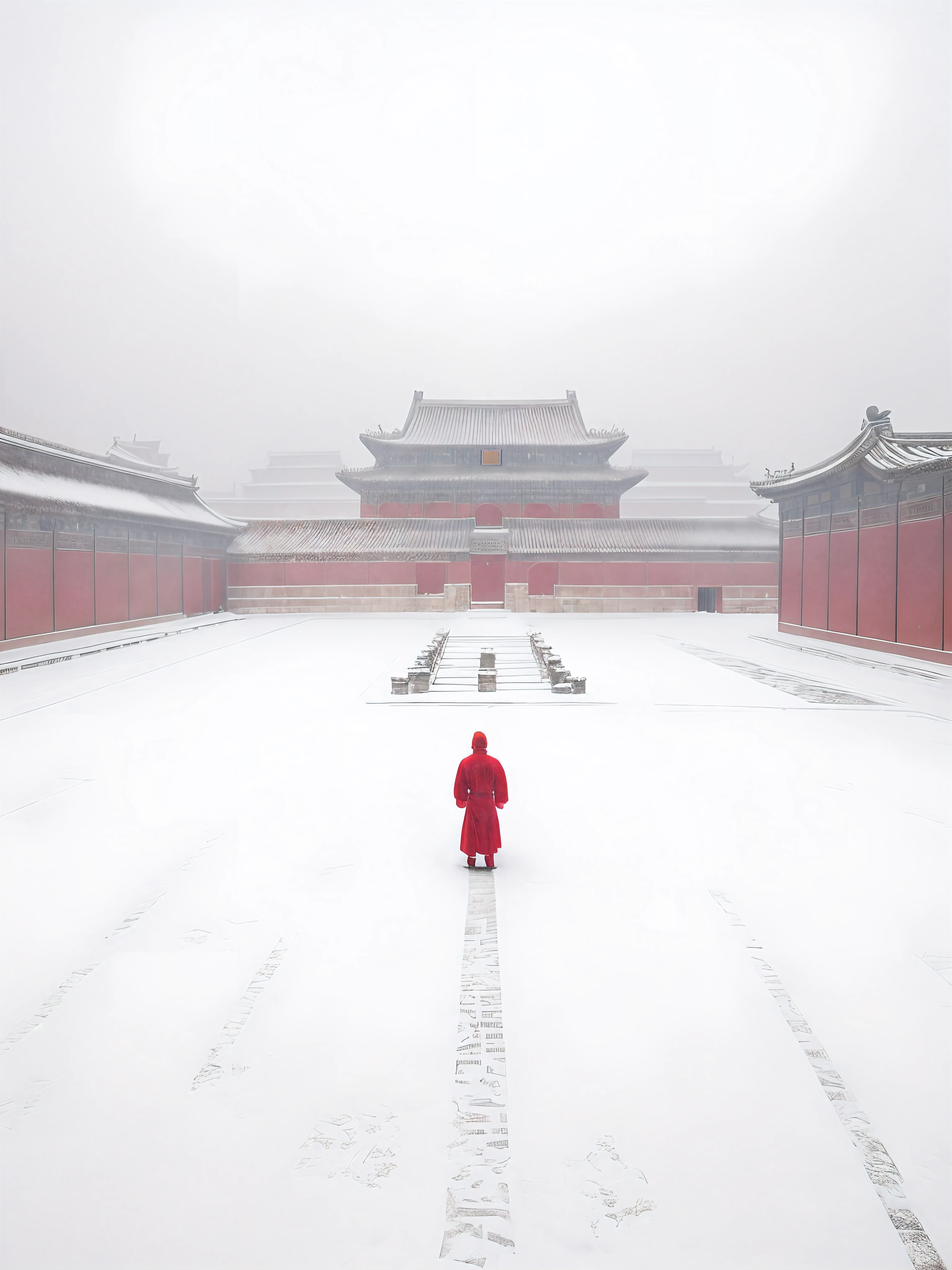 A man in a red robe stands in a snowy courtyard, By Fei Danxu, in forbidden city, It snowed in the Forbidden City, In the foreground there are branches hanging down，Snowflakes in the sky，