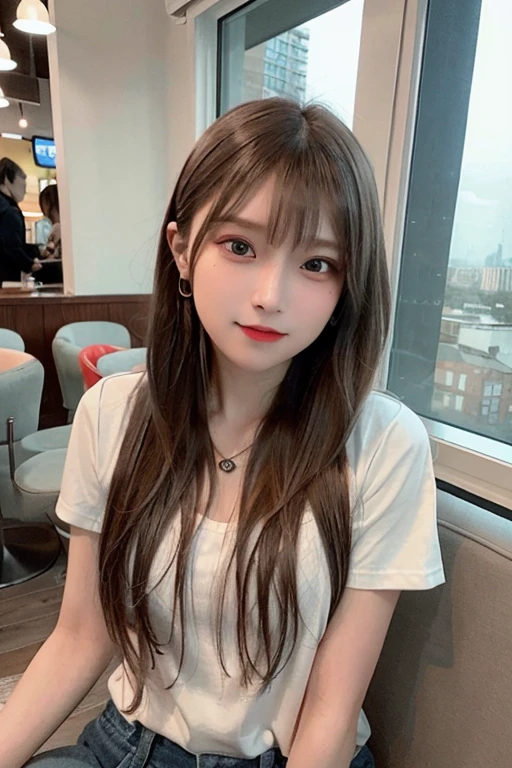 (8K、Raw photography、top-quality、masterpiece:1.2)、(realisitic、Photorealsitic:1.37)、1 girl in、 only、cute little、adolable、(blue eyess)、(Shy laughter:0.6)、(独奏)、详细的脸、oval-face、Thin almond eyes、Brown hair shorthair、Hair over one eye、A slender、medium breasts、Casual Fashion、Dramatic Angle、tilt of the head、fluorescent lamp、Inside the coffee shop、Sitting by the window、small head、(Facing the other side)、teens girl、piercings