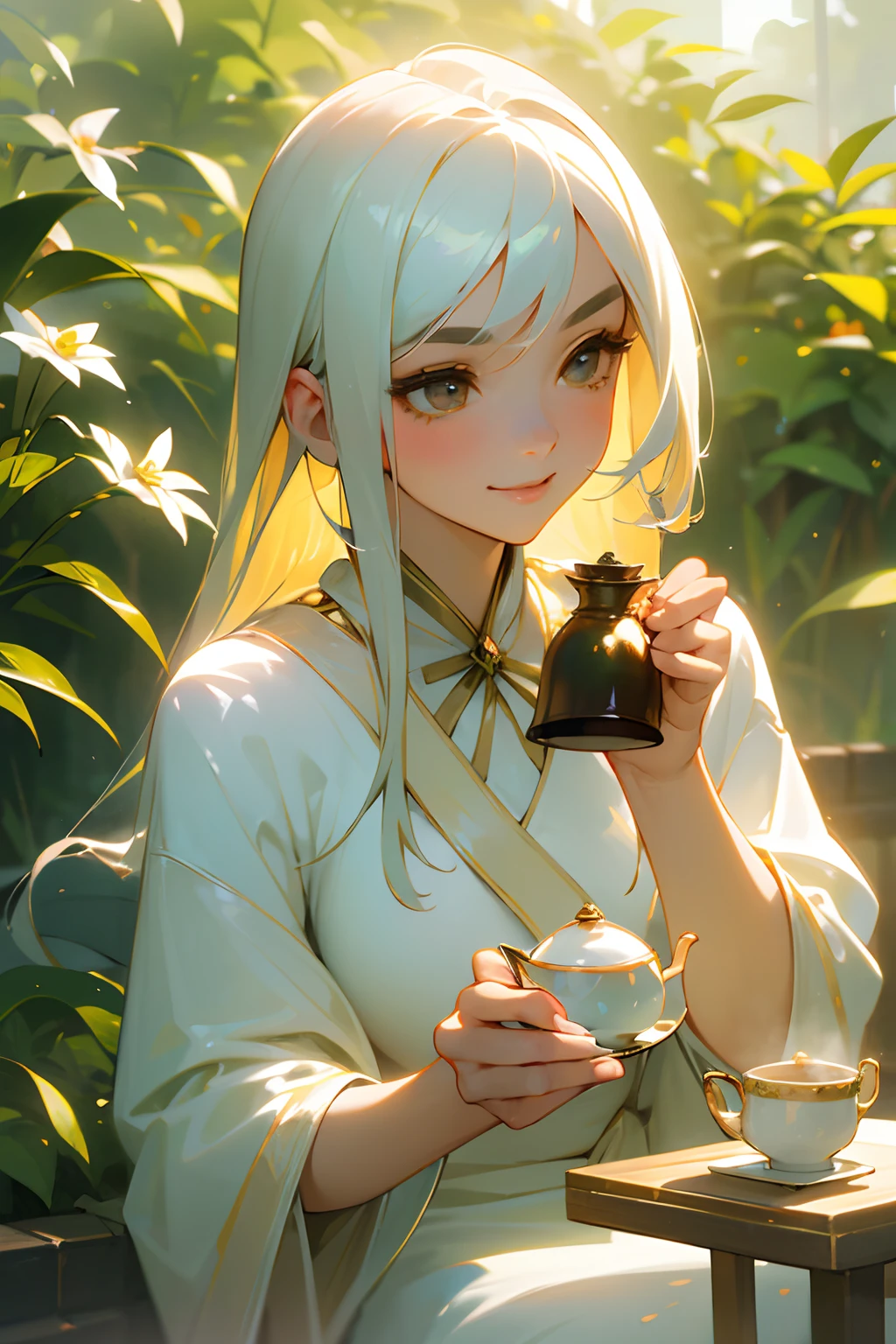 (Best Quality, Masterpieces, High resolution, Realistic, Ultra-detailed), Realistic portrait of a breathtakingly beautiful girl with a charming smile, flawless skin, Seductive eyes with long eyelashes and perfectly shaped eyebrows, capturing the attention of the viewers, Wear elegant and stylish outfits that accentuate elegance and sophistication, colorful flower々It is surrounded by lush and vibrant gardens, Illuminated by the soft and warm sunlight、Creates a magical atmosphere of tranquility and tranquility, Characteristics of the girl and、It expresses the delicate details and textures of the surrounding landscape, Capture the essence of natural beauty and feminine charm, Evoking a sense of joy and wonder. (Hot tea:1.5),
