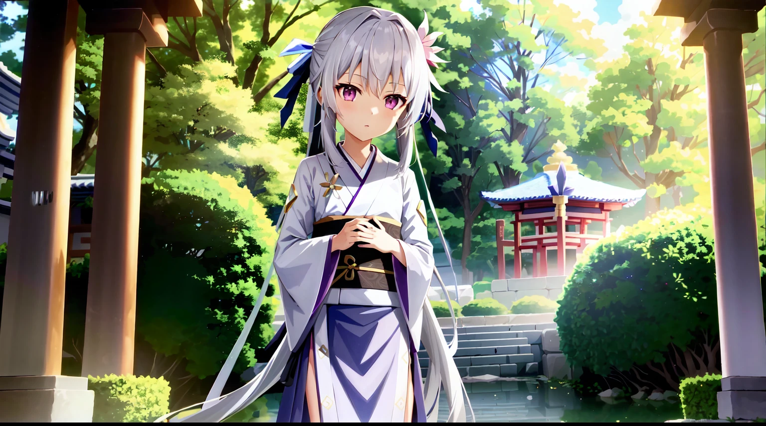 Cute very girl from fate kaleid liner has long silvery-white hair,pink eyes,wearing kimono and very long skirt,beads on neck,athens temple garden in background,very littleloli,kawaii,anime style,Lumen Reflections,Screen Space Reflections,Diffraction Grading,Chromatic Aberration,GB Displacement,Scan Lines,Ray Traced,Anti-Aliasing,FXAA,TXAA,RTX,SSAO,Shaders,OpenGL-Shaders, GLSL-Shaders,Post Processing,Post-Production,cell Shading,Tone Mapping,CGI,VFX,SFX,insanely detailed and intricate,4K,((masterpiece:1.4, best quality))
