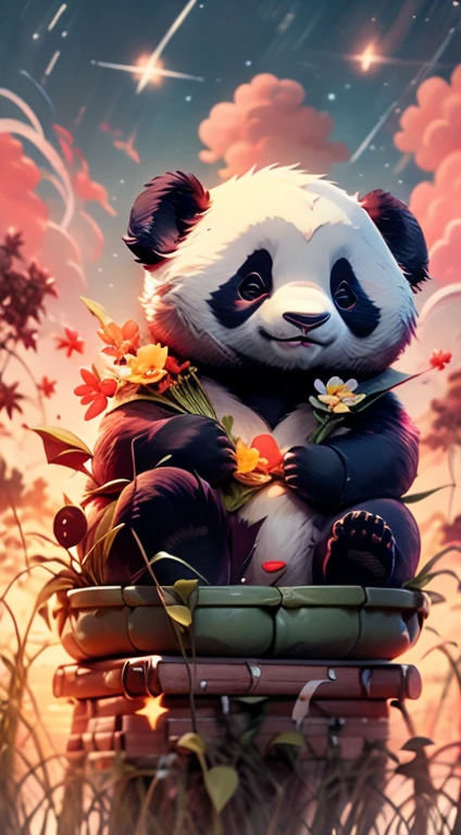 Create digital artwork in the Pop Art style, amazing baby Panda sitting in the clouds, staring up as the stars, stars floating around panda, brilliant colors, amazing swirls of cosmic dust, colorful vibrant, light particles, Featuring a vibrant and confident panda,street fashion, Movie color scheme, Surrounded by vintage flower motifs, Vibrant brushstrokes, Emotions should be dynamic, Drawing, illustration
