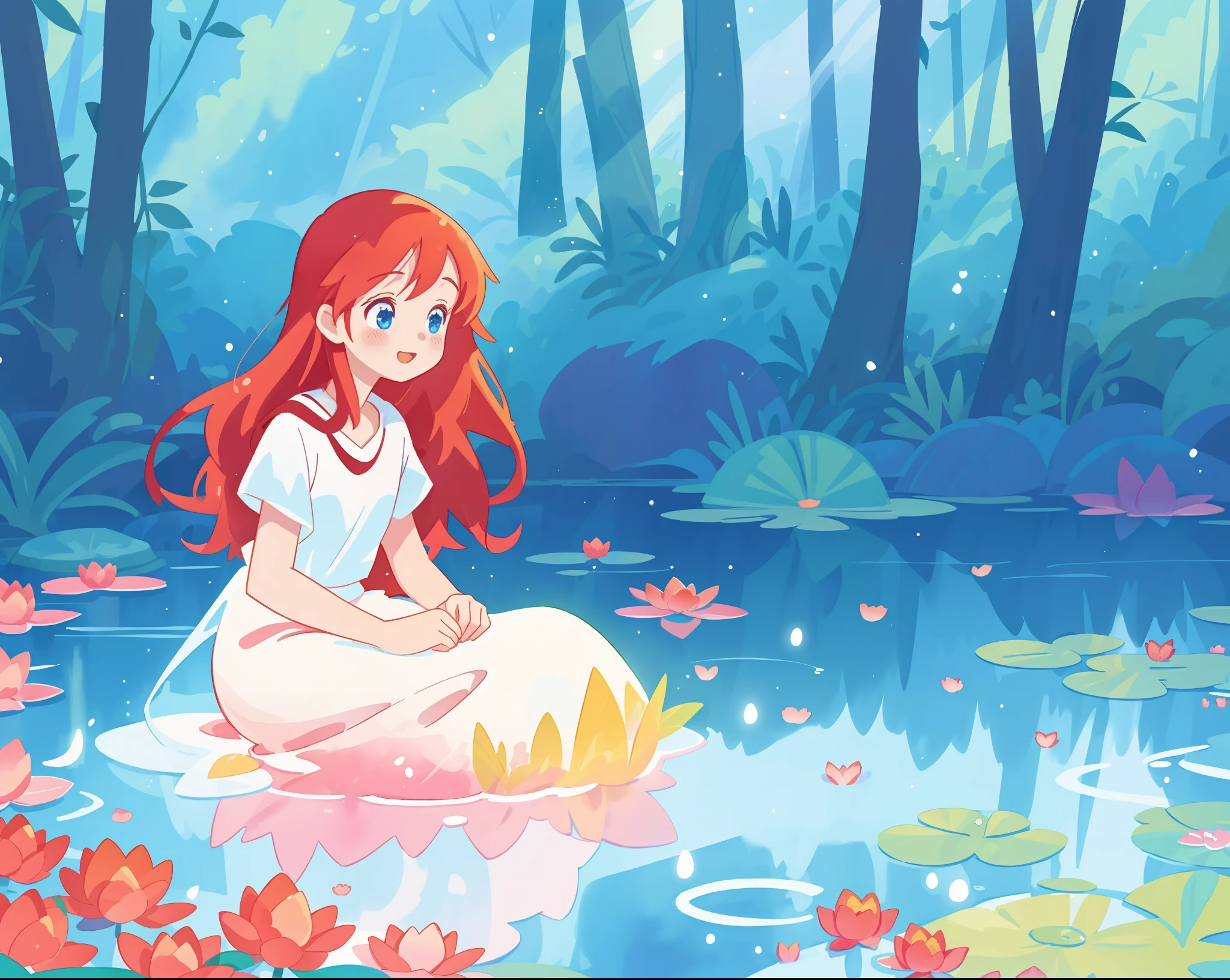 beautiful girl in white sitting in the water, long red hair, magical forest background, red water lilies in the water, beautiful lake of water, watercolor illustration, disney art style, glowing aura around her, glowing lights, beautiful digital illustration, fantasia otherworldly landscape plants flowers, beautiful, masterpiece, best quality, anime disney style