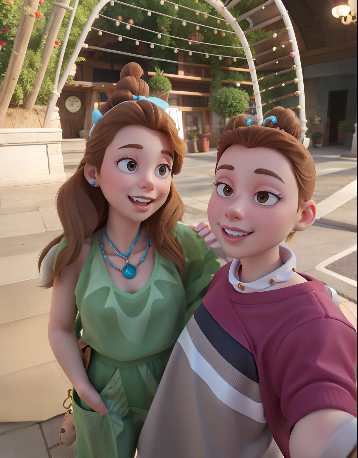 Disney-inspired 3D pole 25 year old woman medium hair light brown color in