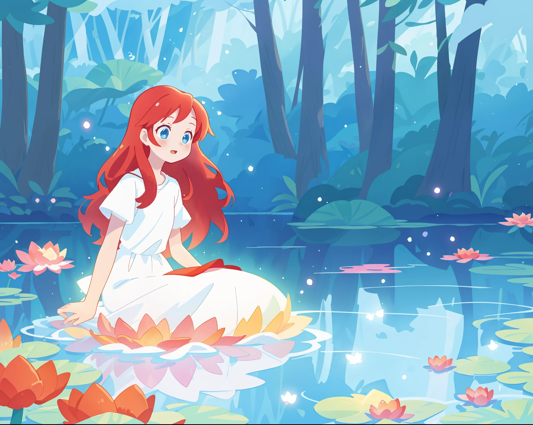 beautiful girl in white sitting in the water, long red hair, magical forest background, red water lilies in the water, beautiful lake of water, watercolor illustration, disney art style, glowing aura around her, glowing lights, beautiful digital illustration, fantasia otherworldly landscape plants flowers, beautiful, masterpiece, best quality, anime disney style