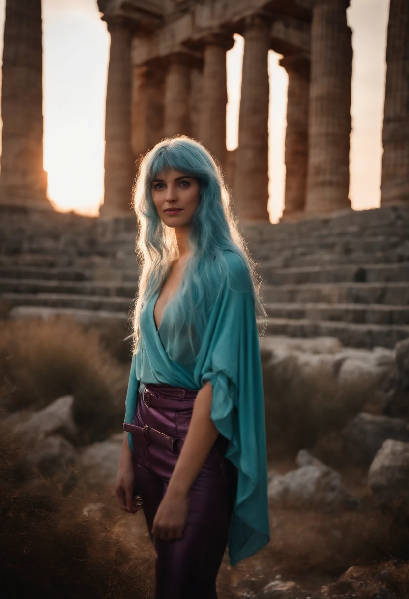 A beautiful young woman (1 girl) about 20 years old. Long light blue hair, straight hair, ((messy)) hair, ((bangs)) and big blue eyes. Turquoise tunic and purple tide pants. Leather boots. She is carrying a metallic chest on back. She is handle the metallic chest by leather straps. Greek templo ruins background at night, with a starry sky.