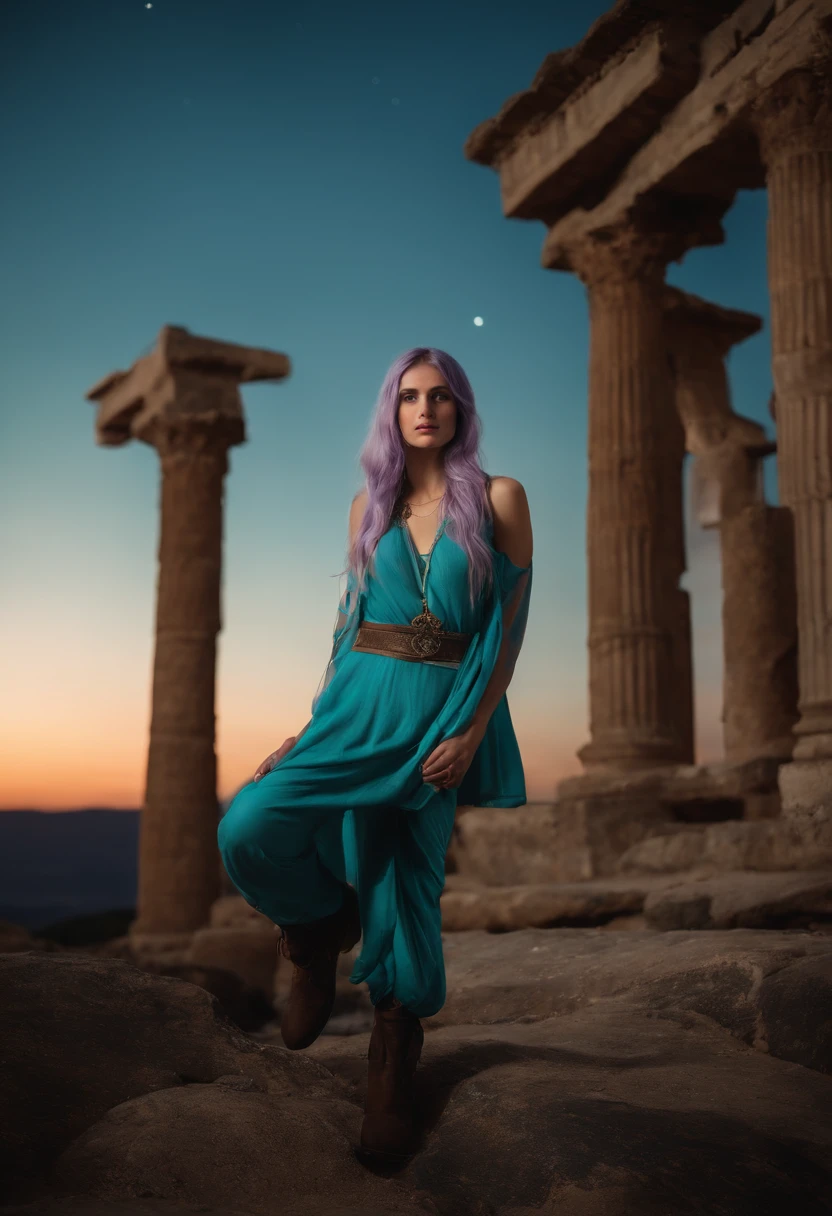 A beautiful young woman (1 girl) about 20 years old. Long light blue hair, straight hair, ((messy)) hair, ((bangs)) and big blue eyes. Turquoise tunic and purple tide pants. Leather boots. She is carrying a metallic chest on back. She is handle the metallic chest by leather straps. Greek templo ruins background at night, with a starry sky.