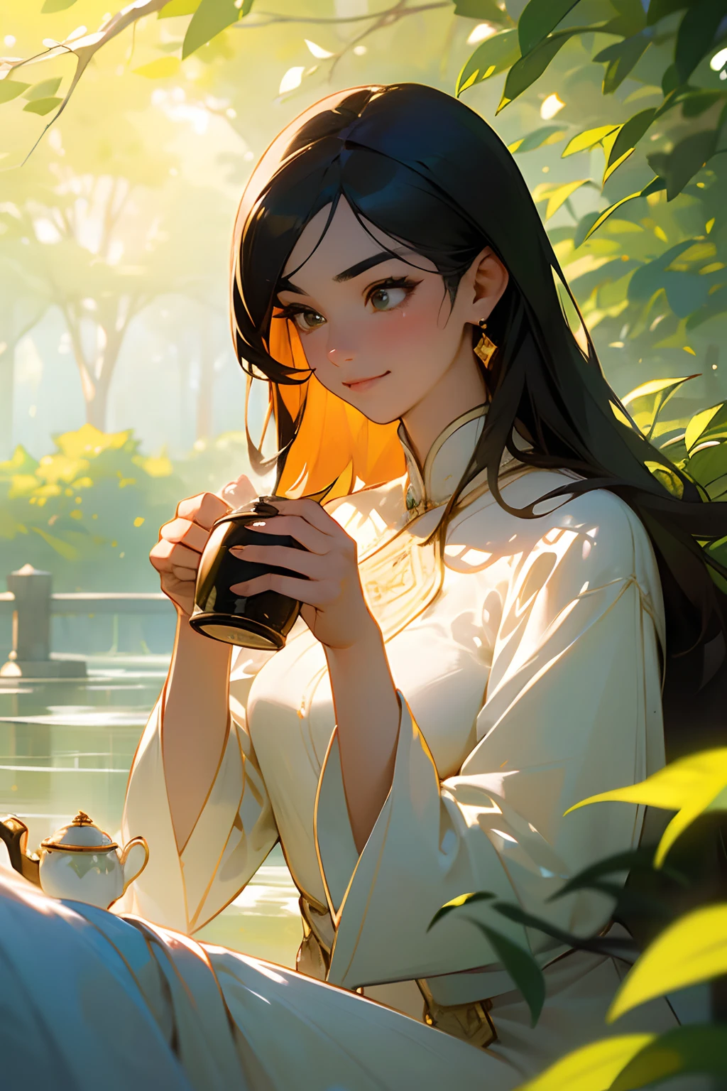 (Best Quality, Masterpieces, High resolution, Realistic, Ultra-detailed), Realistic portrait of a breathtakingly beautiful girl with a charming smile, flawless skin, Seductive eyes with long eyelashes and perfectly shaped eyebrows, capturing the attention of the viewers, Wear elegant and stylish outfits that accentuate elegance and sophistication, colorful flower々It is surrounded by lush and vibrant gardens, Illuminated by the soft and warm sunlight、Creates a magical atmosphere of tranquility and tranquility, Characteristics of the girl and、It expresses the delicate details and textures of the surrounding landscape, Capture the essence of natural beauty and feminine charm, Evoking a sense of joy and wonder. (Hot tea:1.5),