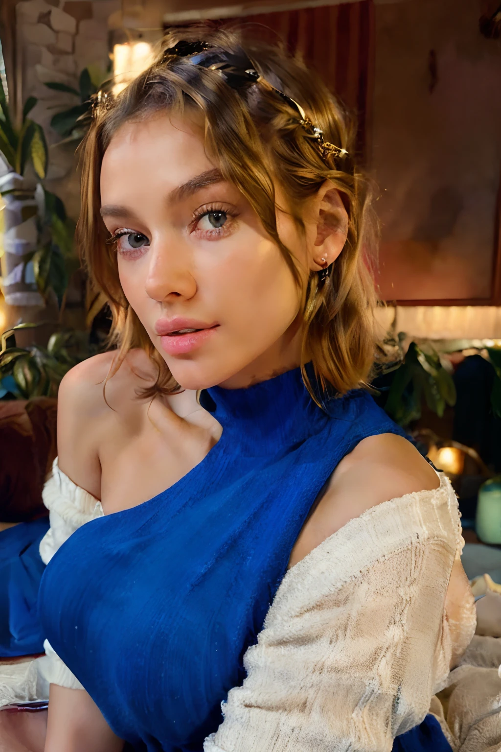 Create an AI model with the following characteristics similar to Morgan Avery: -birthday: February 11, 1997 - Birthplace: Georgia, United States of America - Nationality: United States - Ethnicity: Caudasians - profession: Supermodel - Hair Color: Blonde - eye color: Blue - Height: 172 cm (or 5'8") -weight: 56 KM (or 123 lbs) - Body type: Slim - Measurement: 34-25-34 - Good/Cups: 34C - Boobs: Real/Natural - additional properties to emphasize: Hot, Big butt, nice butt, Great body, bubble butts, In a pretty-face rendering image, The AI model is、She is depicted with blonde hair facing the viewer, Bare shoulders, Brown eyes, adorned with jewelry, showcasing their entire bodies. The model wears an off-the-shoulder sweater, Emphasis on lips and nose. The depictions are very realistic, Focus on capturing intricate details, Flirting with the camera. Images are processed to achieve ultra-realism, 8K UHD resolution and utmost attention to detail, Including skin texture, Roughness, And overall realistic look, and resemble a photograph.