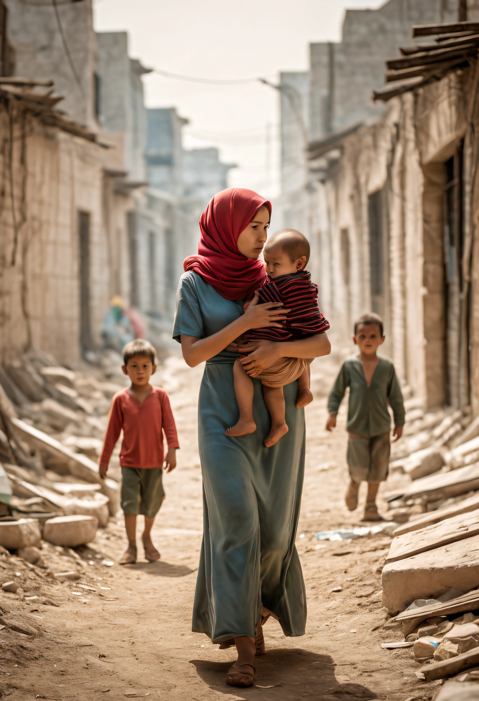 ((cinematic ligh《Hope rises in Palestine》poster for, 80s movie poster，A young mother，Behind her are a group of innocent children。The mother's eyes revealed firmness and responsibility，Her face was filled with worries and hopes for the future。She wrapped her arms around the child，As if silently protecting them from war。In the background is a ruined city ruins，Scenes of disaster left behind by the war。Sin embargo，A faint but determined light rose from the ruins，It symbolizes hope and rebirth。The light is cast on the mother and the child，Give warmth and comfort，As if to tell the audience even in the darkest moments，We can still find hope and strength。The tones of the whole picture will be deep blues and grays，It represents the gloom and sorrow of war。Sin embargo，Mothers and children are dressed in bright colors，It represents the vitality of life and the yearning for a better future。At the bottom of the screen，The name of the film is printed in a concise and powerful English font：“hope rises in palestine”。This not only represents the theme of the film，It is also an appeal to the audience：Let's work together，Let hope rise in war))，title, and credits, A high resolution, Ultra-detailed, Vivid colors, Dramatic lighting, Realistic, sportrait, Bokeh, Cinematic, CreativeDesign, Intense atmosphere, Dark background, suspenseful, shadowy figures, Melancholy tone, Excellent typography, Artistic composition, Dynamic angles, Contrasting colors, Depth of field, striking visual effects, Strong emotions, Haunting images, captivating visuals, Atmospheric settings, theatrical, mystical ambiance, delicate craftsmanship, Real Persono, intriguing narrative, Professional artwork, Engaging storyline, mystical expressions, Cinematic style, Thought-provoking symbolism, Engaging poster design, Iconic visuals, Intelligent execution, Visually stunning, Visual appeal, attention-grabbing, memorable, Reminiscent of classic movie posters，