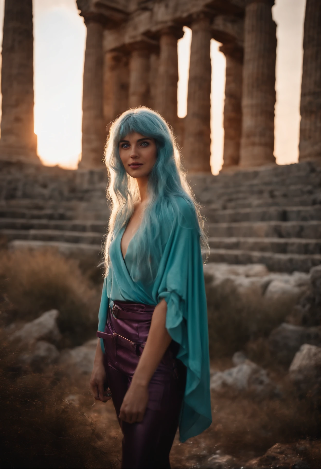 A beautiful young woman (1 girl) about 20 years old. Long light blue hair, straight hair, ((messy)) hair, ((bangs)) and big blue eyes. Turquoise tunic and purple tide pants. Leather boots.  She is carrying a metallic chest on back. She is handle the metallic chest by leather straps. Greek templo ruins background at night, with a starry sky.