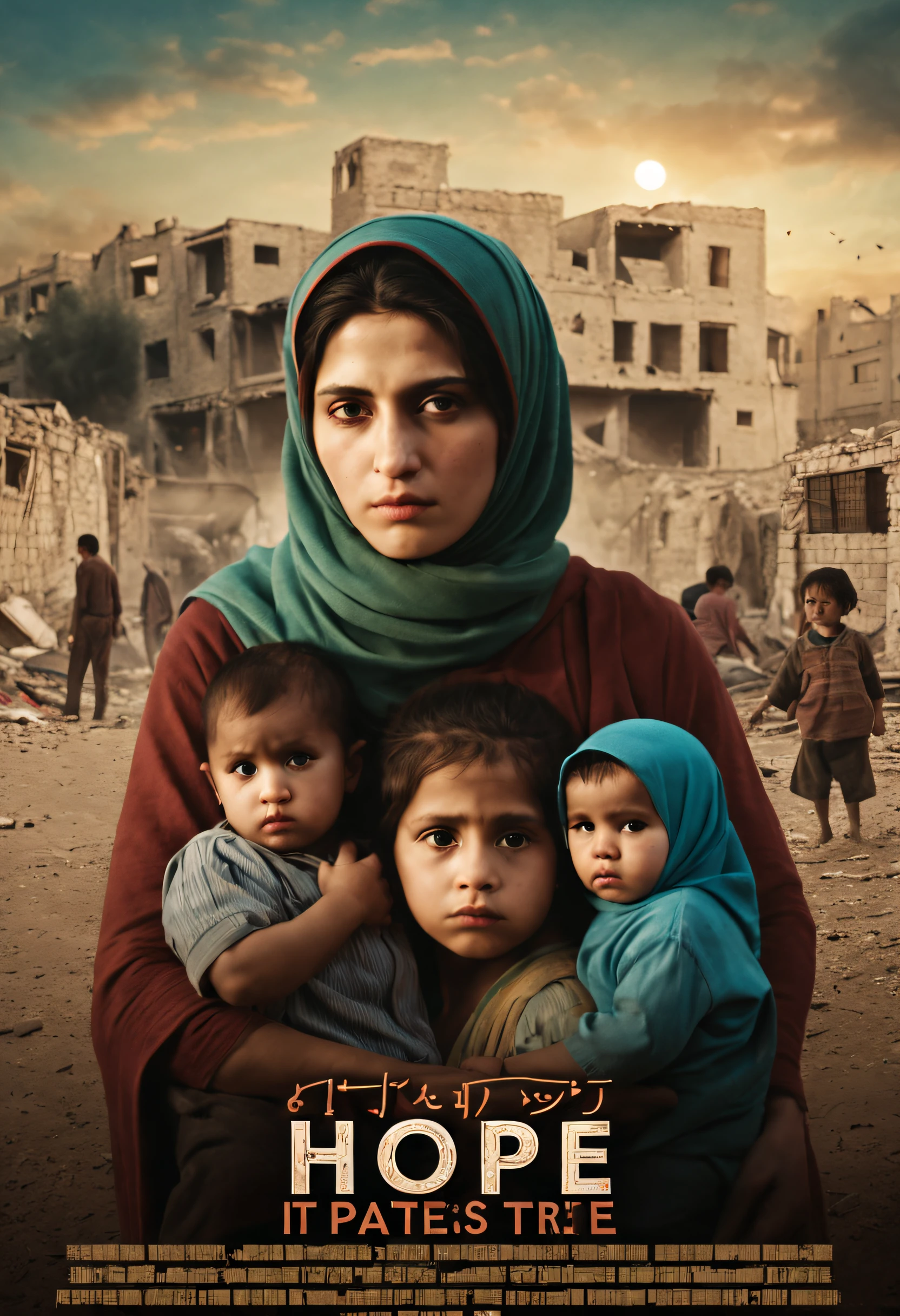 ((cinematic ligh《Hope rises in Palestine》poster for, 80s movie poster，A young mother，Behind her are a group of innocent children。The mother's eyes revealed firmness and responsibility，Her face was filled with worries and hopes for the future。She wrapped her arms around the child，As if silently protecting them from war。In the background is a ruined city ruins，Scenes of disaster left behind by the war。Sin embargo，A faint but determined light rose from the ruins，It symbolizes hope and rebirth。The light is cast on the mother and the child，Give warmth and comfort，As if to tell the audience even in the darkest moments，We can still find hope and strength。The tones of the whole picture will be deep blues and grays，It represents the gloom and sorrow of war。Sin embargo，Mothers and children are dressed in bright colors，It represents the vitality of life and the yearning for a better future。At the bottom of the screen，The name of the film is printed in a concise and powerful English font：“hope rises in palestine”。This not only represents the theme of the film，It is also an appeal to the audience：Let's work together，Let hope rise in war))，title, and credits, A high resolution, Ultra-detailed, Vivid colors, Dramatic lighting, Realistic, sportrait, Bokeh, Cinematic, CreativeDesign, Intense atmosphere, Dark background, suspenseful, shadowy figures, Melancholy tone, Excellent typography, Artistic composition, Dynamic angles, Contrasting colors, Depth of field, striking visual effects, Strong emotions, Haunting images, captivating visuals, Atmospheric settings, theatrical, mystical ambiance, delicate craftsmanship, Real Persono, intriguing narrative, Professional artwork, Engaging storyline, mystical expressions, Cinematic style, Thought-provoking symbolism, Engaging poster design, Iconic visuals, Intelligent execution, Visually stunning, Visual appeal, attention-grabbing, memorable, Reminiscent of classic movie posters，