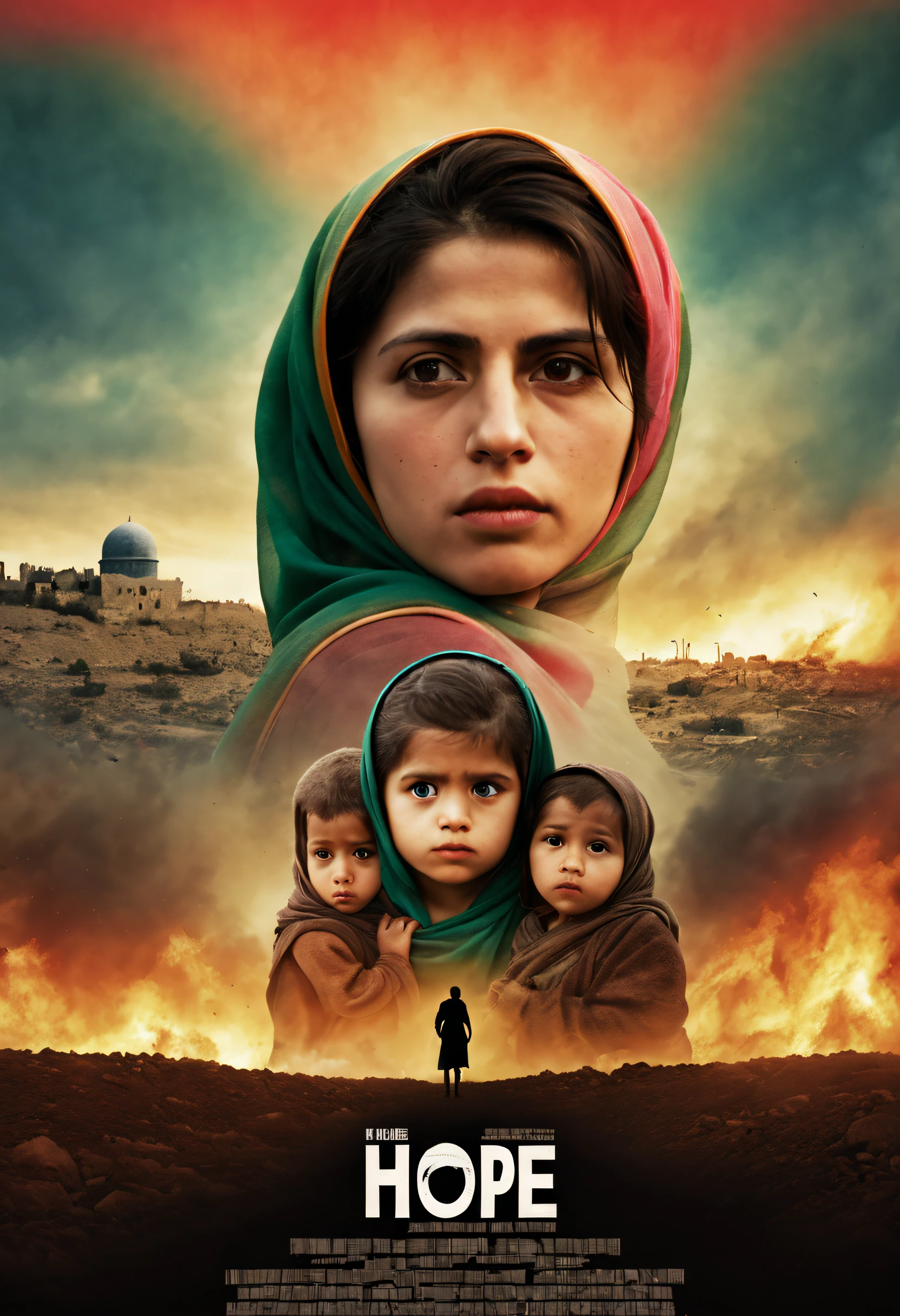 ((cinematic ligh《Hope rises in Palestine》poster for, 80s movie poster，A young mother，Behind her are a group of innocent children。The mother's eyes revealed firmness and responsibility，Her face was filled with worries and hopes for the future。She wrapped her arms around the child，As if silently protecting them from war。In the background is a ruined city ruins，Scenes of disaster left behind by the war。Sin embargo，A faint but determined light rose from the ruins，It symbolizes hope and rebirth。The light is cast on the mother and the child，Give warmth and comfort，As if to tell the audience even in the darkest moments，We can still find hope and strength。The tones of the whole picture will be deep blues and grays，It represents the gloom and sorrow of war。Sin embargo，Mothers and children are dressed in bright colors，It represents the vitality of life and the yearning for a better future。At the bottom of the screen，The name of the film is printed in a concise and powerful English font：“hope rises in palestine”。This not only represents the theme of the film，It is also an appeal to the audience：Let's work together，Let hope rise in war))，title, and credits, A high resolution, Ultra-detailed, Vivid colors, Dramatic lighting, Realistic, sportrait, Bokeh, Cinematic, CreativeDesign, Intense atmosphere, Dark background, suspenseful, shadowy figures, Melancholy tone, Excellent typography, Artistic composition, Dynamic angles, Contrasting colors, Depth of field, striking visual effects, Strong emotions, Haunting images, captivating visuals, Atmospheric settings, theatrical, mystical ambiance, delicate craftsmanship, Real Persono, intriguing narrative, Professional artwork, Engaging storyline, mystical expressions, Cinematic style, Thought-provoking symbolism, Engaging poster design, Iconic visuals, Intelligent execution, Visually stunning, Visual appeal, attention-grabbing, memorable, Reminiscent of classic movie posters，