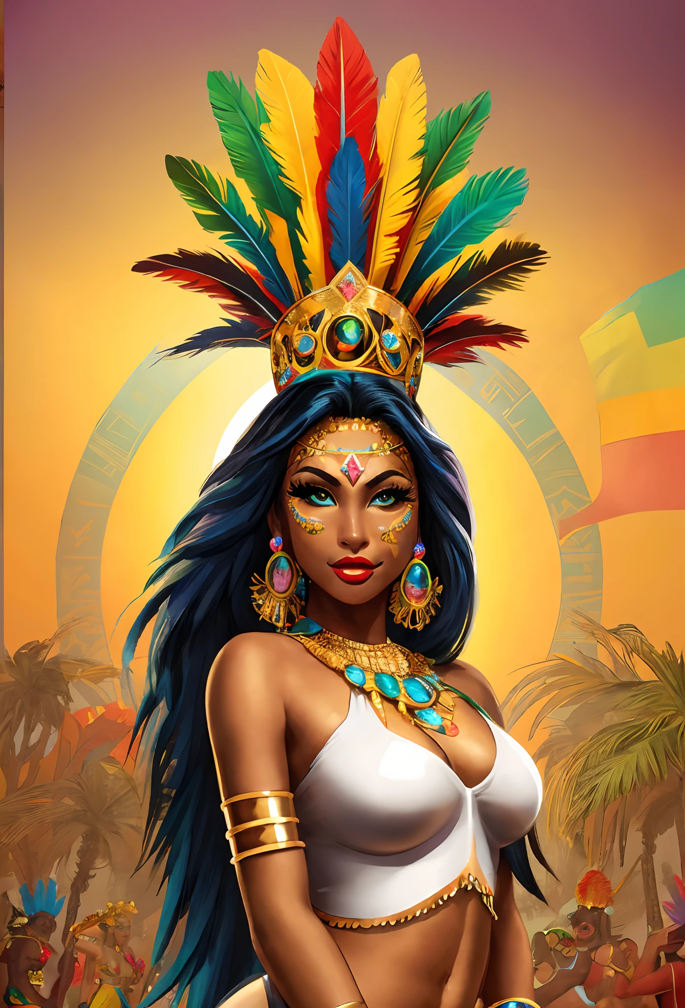 A samba dancer,Wear a samba costume, Araphidian woman with feathers and crown, carnival, Brazilian Carnival, Caribbean, reggae, Barranquilla Carnival, Carnival in the background, aztec queen, aztec empress, Carnival background, Belly dancing, portrait of modern darna, depiction, rave festival, aztec fantasy, Avatar image, gogo dancer ((modern times))((American retro poster style)), High detail, 16k((American retro poster style),((American retro poster style),(((Modern times)))