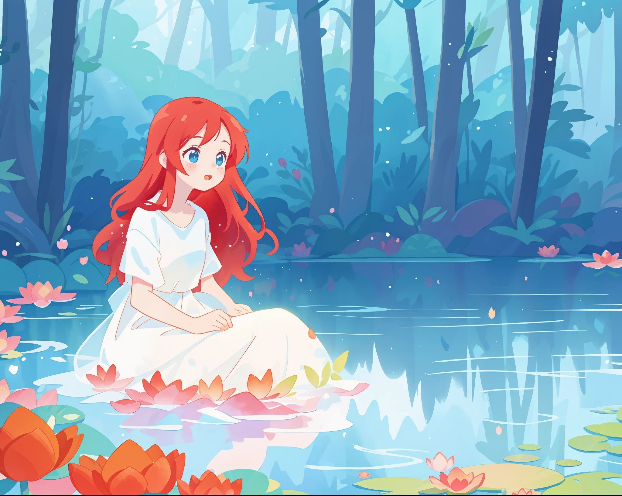 beautiful girl in white sitting in the water, long red hair, magical forest background, red water lilies in the water, beautiful lake of water, watercolor illustration, disney art style, glowing aura around her, glowing lights, beautiful digital illustration, fantasia otherworldly landscape plants flowers, beautiful, masterpiece, best quality, anime disney style