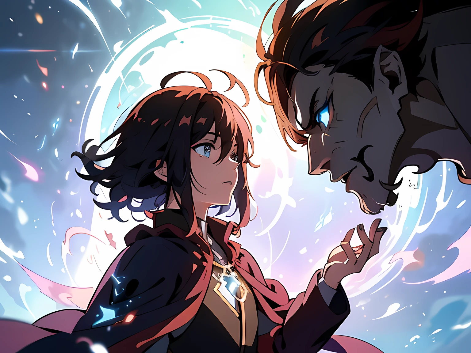 masterpiece, In a world where magic and technology exist side by side, a young man (black hair, short hair) sets out on a journey to hone their skills and uncover the secrets of their powers, beautiful eyes finely detailed. Along the way, they meet a diverse cast of characters, including other mages, robots, and creatures from beyond their world. As they travel through fantastical lands and face incredible challenges, the mage must learn to harness the full potential of their abilities and unlock the true potential of magic in the modern age. sometimes he also must fight with unknown creatures.