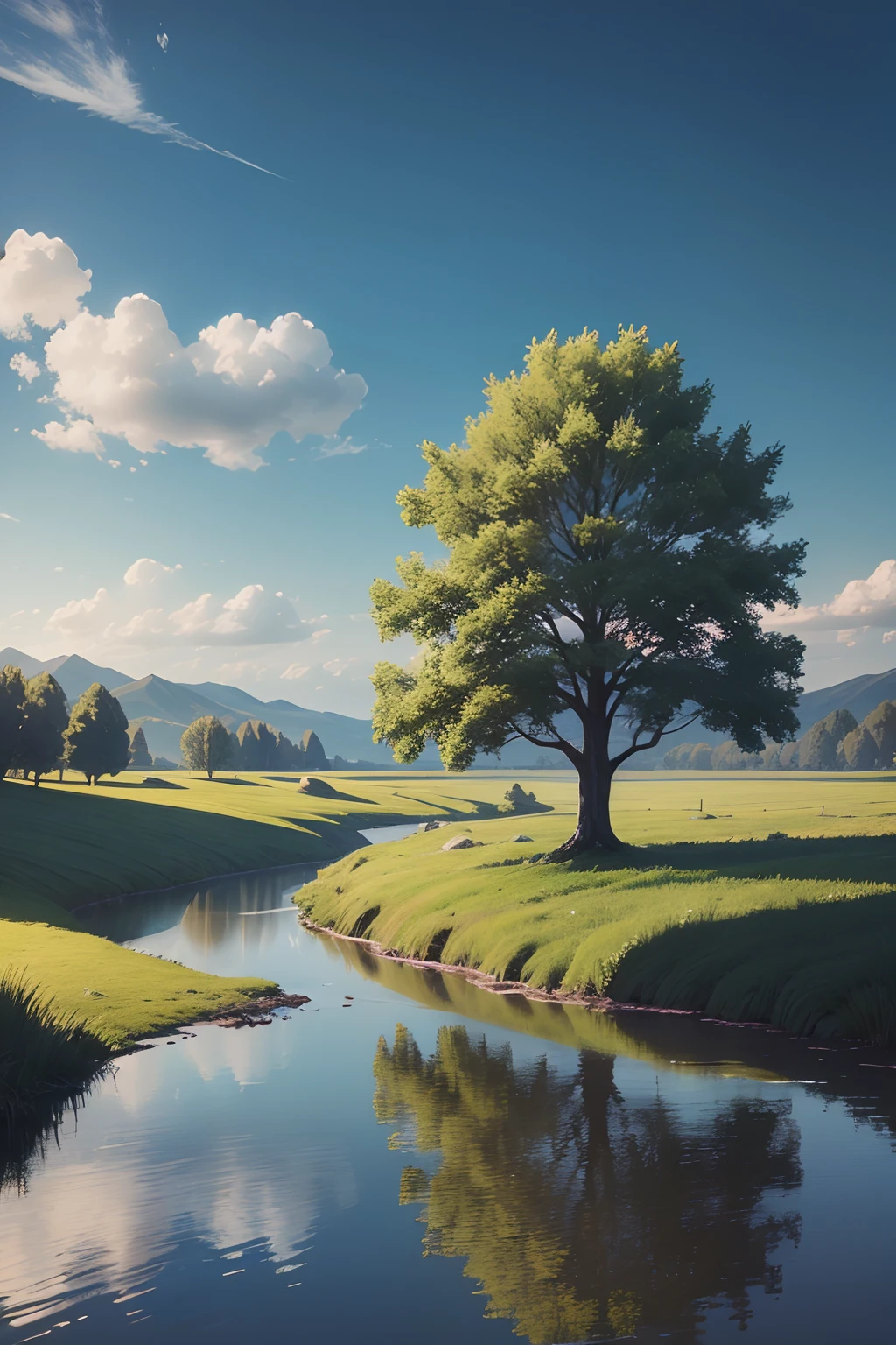 Draw a lonely tree in a meadow with a stream, landscape artwork, 4 k digital painting,Tranquil landscape with high quality digital paintings，3D virtual，exteriors，Skysky，daysies，​​clouds，Eau，The tree，blue-sky，No Man，mostly cloudy sky，grassy，naturey，scenecy，inverted image，lake，Reflective water