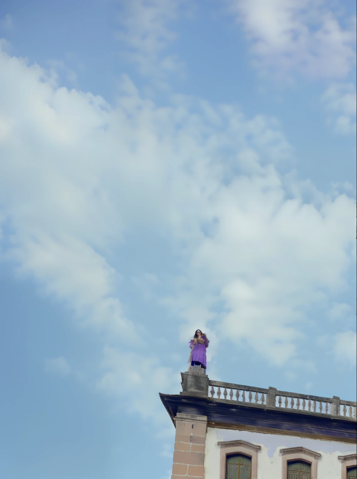 Araffe woman in pink top and purple pants standing in front of a building, ancient catedral behind her, Directed by: Nandor Soldier, in a city with a rich history, standing in a city center, ao lado do castelo real!!!, inspirado em Olivia Peguero, in a city square, by Amelia Peláez