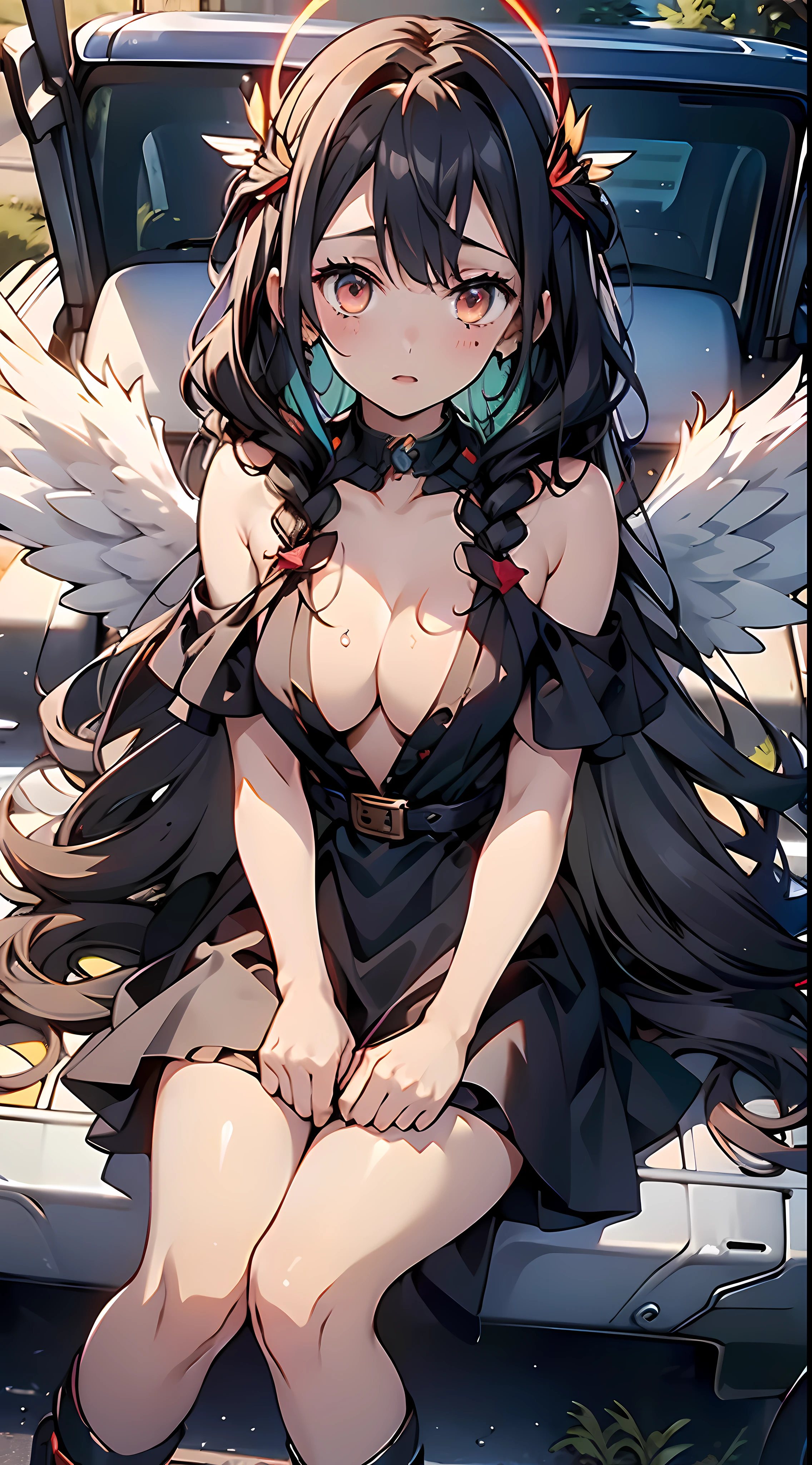Angels, halos, wings, discolored wings ��1girl, breasts, solo, hasumi (blue archive), black hair, long hair, wings, red eyes, large breasts, high heels, halo, cleavage, black wings, black footwear, looking at viewer, hair between eyes, sitting, dress, mole under eye, mole, bare shoulders, very long hair, motor vehicle, black dress, low wings, closed mouth, bangs, car, ground vehicle, feathered wings, full body, off shoulder, collarbone, legs,((MitsuriDS))