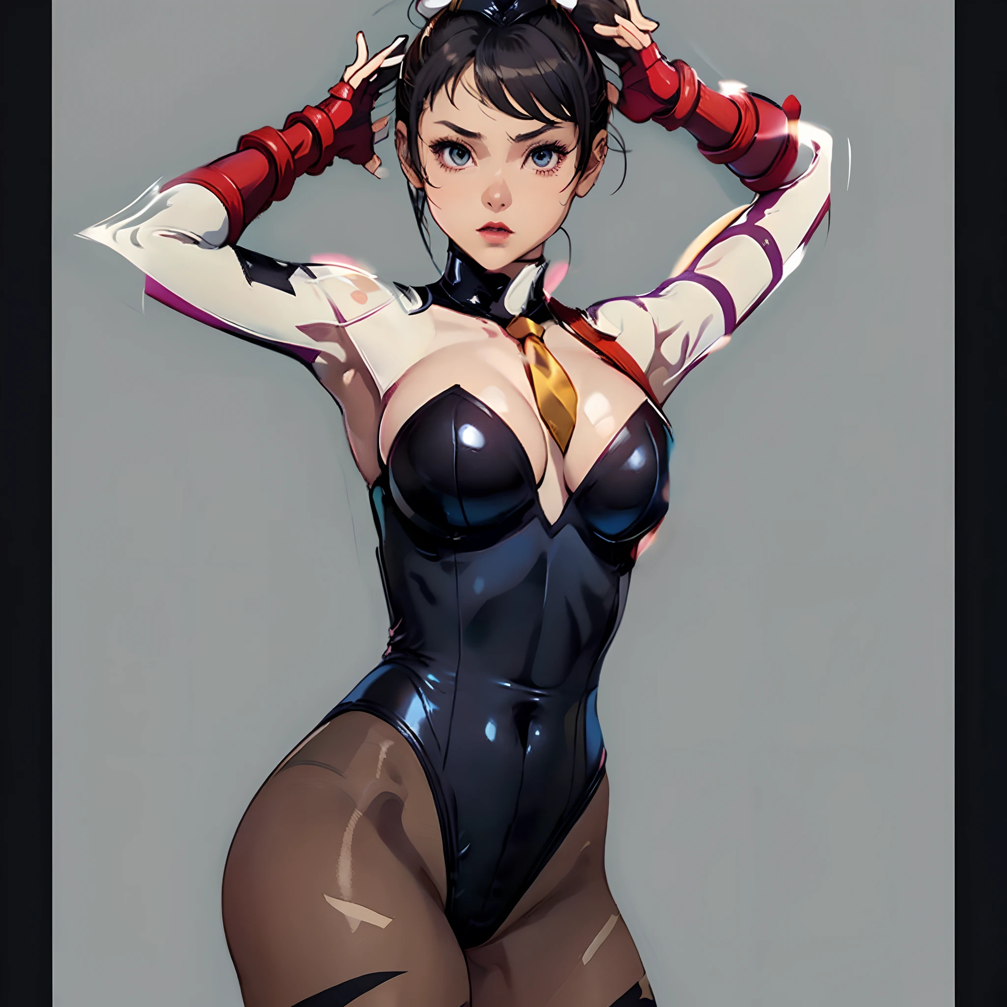 Chun Li, 1girl, aged up, sadistic, AngelMS, solo, large breasts, blurry, blurry background, tech, training, Eyes without light.(dollsuit:1.3), ( latex leotard, black leotard:1.3), fingerless gloves