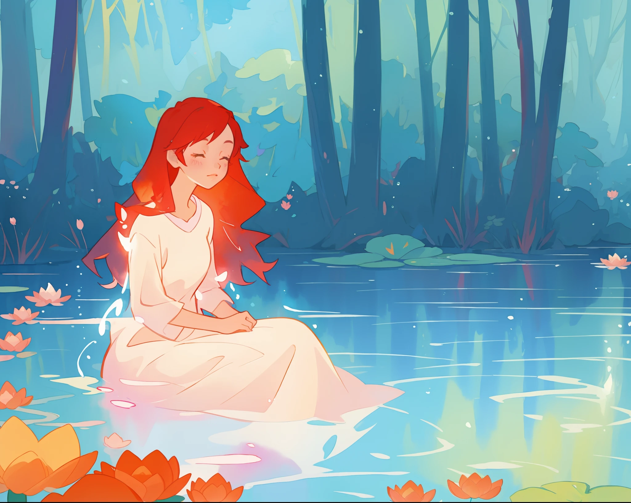 beautiful girl in white sitting in the water, long red hair, magical forest background, red water lilies in the water, beautiful lake of water, watercolor illustration, disney art style, glowing aura around her, glowing lights, beautiful digital illustration, fantasia otherworldly landscape plants flowers, beautiful, masterpiece, best quality, anime disney style