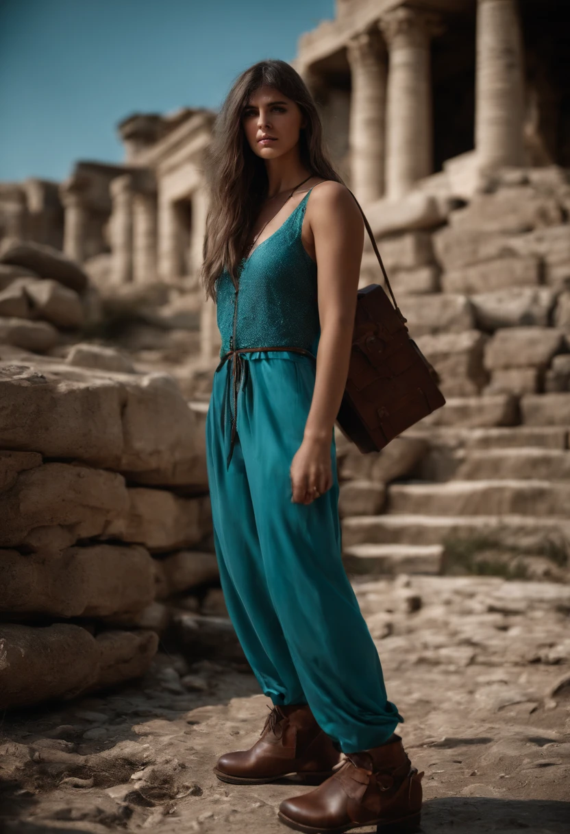 A beautiful young woman (1 girl) about 20 years old. Long light blue hair, straight hair, ((messy)) hair, ((bangs)) and big blue eyes. Turquoise tunic and purple tide pants. Leather boots. She is carrying a metallic box (Chest) on back through leather straps. She is handle the metallic chest by leather straps. Greek templo ruins background at night.