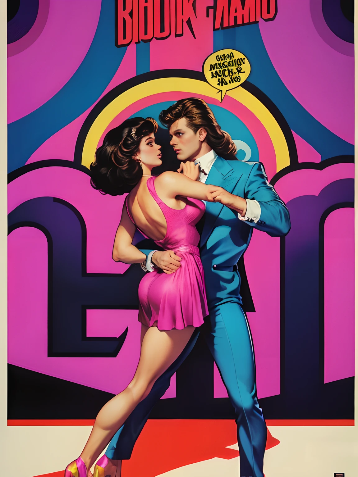 1980s \(style\) retro movie poster, dance party, huge bold text, poster art, disco theme, strong, bold inking techniques, romantic design, This bold inking style adds to the overall dramatic and visually striking aesthetic.