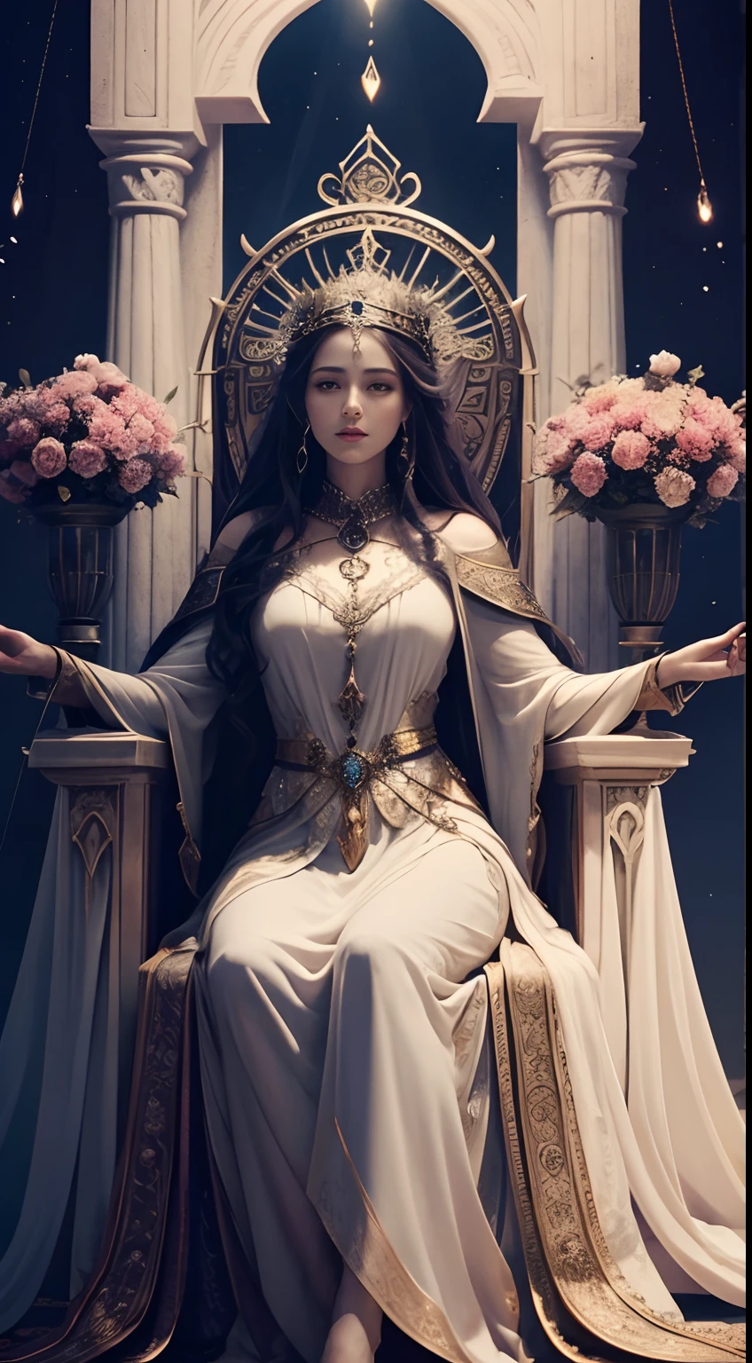 The High Priestess Persephone sits on a throne, the high Priestess tarot card, highly detailed, high quality, 8k, ethereal, serene, atmospheric, symbolism, stunning visuals, intricate, aesthetic