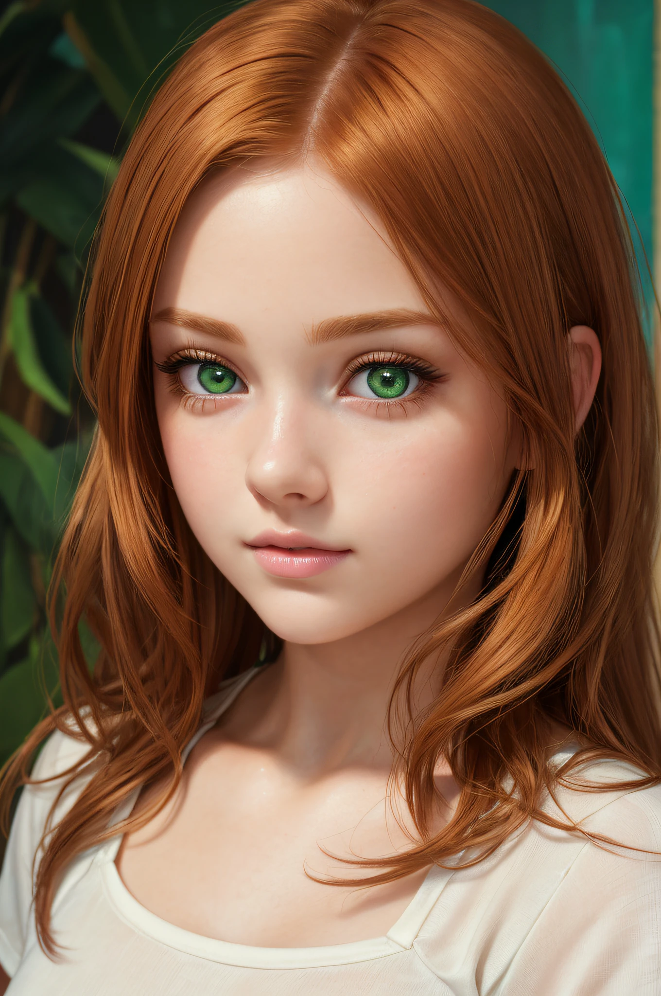 (best quality,4k,highres,masterpiece:1.2),ultra-detailed,realistic,beautiful detailed eyes,beautiful detailed lips,extremely detailed eyes and face,long eyelashes,1girl,ginger hair,green eyes,human teen,wearing shirt and shorts,portrait,studio lighting,vivid colors,sharp focus