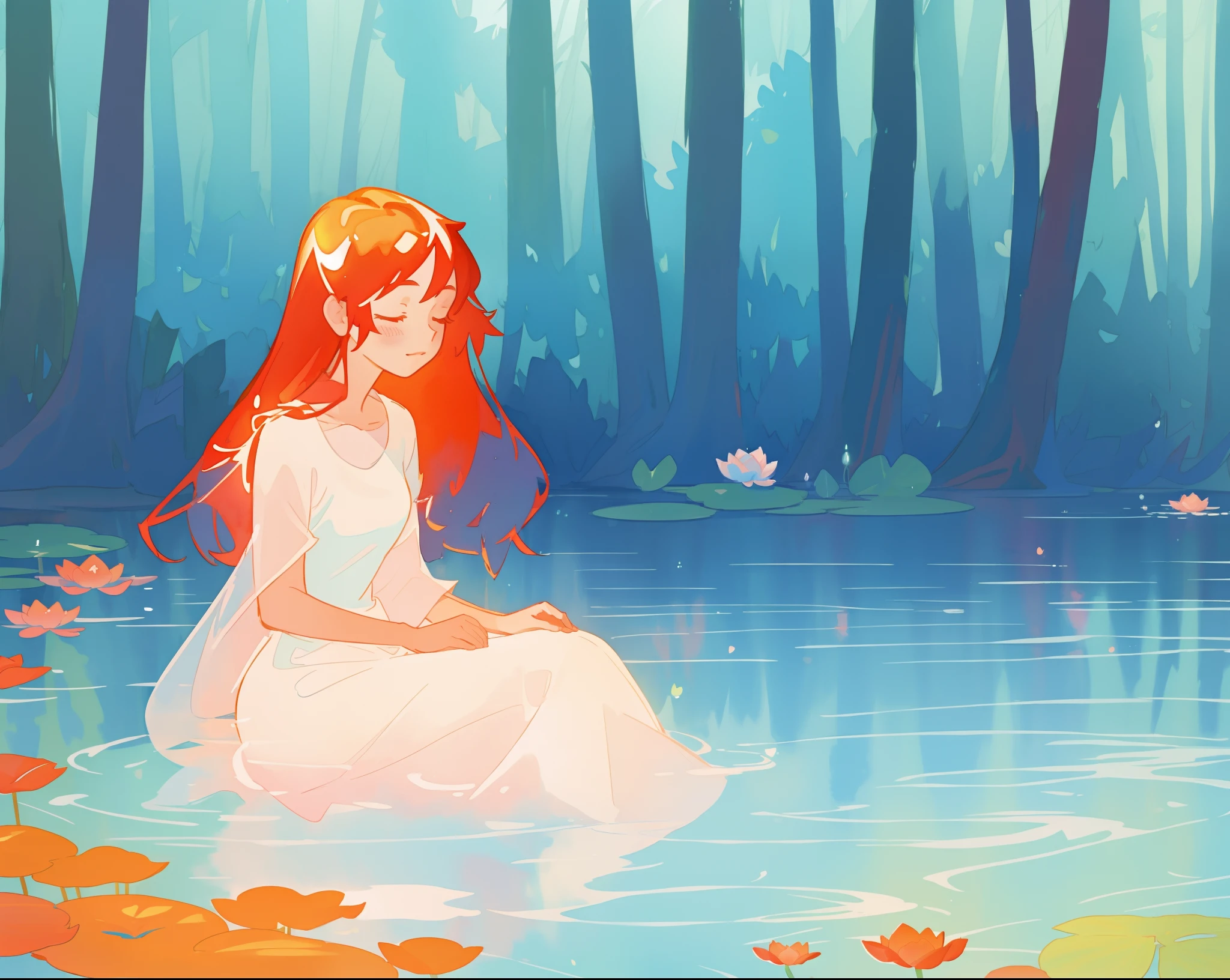 beautiful girl in white sitting in the water, long red hair, magical forest background, red water lilies in the water, beautiful lake of water, watercolor illustration, disney art style, glowing aura around her, glowing lights, beautiful digital illustration, fantasia otherworldly landscape plants flowers, beautiful, masterpiece, best quality, anime disney style