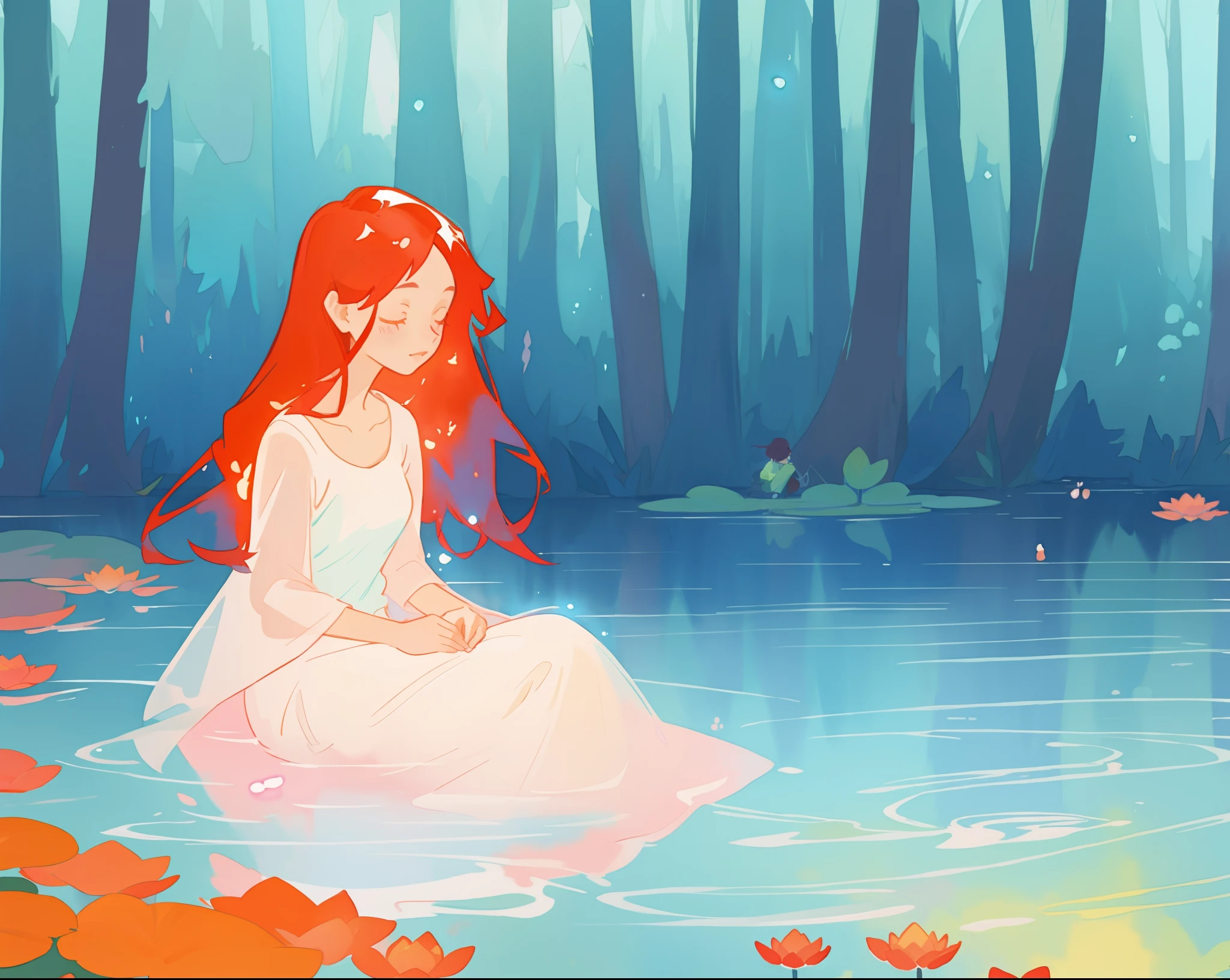 beautiful girl in white sitting in the water, long red hair, magical forest background, red water lilies in the water, beautiful lake of water, watercolor illustration, disney art style, glowing aura around her, glowing lights, beautiful digital illustration, fantasia otherworldly landscape plants flowers, beautiful, masterpiece, best quality, anime disney style