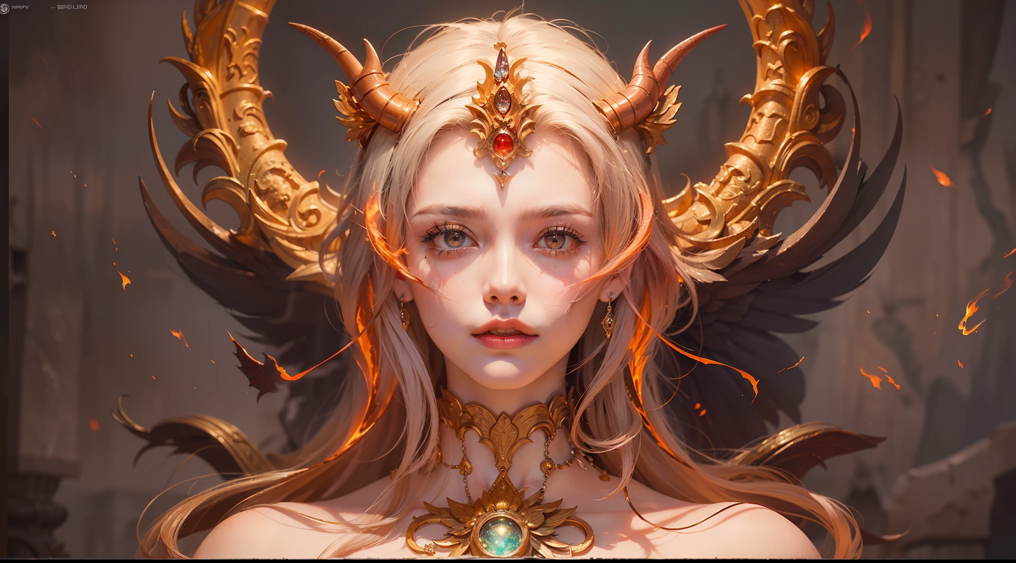 (Numerous award-winning masterpieces of, With incredible details, textures and maximum detail), (Ultra photo realsisim:1.4), (Realistic:1.3), (full-body portraits:1.8), (up of the upper body:0.4), (best quality real texture skin), (Fine true circle Symmetrical eyes), finerly detailed face, ((medieval world)), ((The Lord's Flame Devil)), ((Hellfire devil of the Lord)), (Burning bright and cold eyes), (full-body standing image:1.6), (She has a mischievous smile on her face), (Eyes that glow red in the dark:1.5), (A pair of red eyes，A strong red light is emitted from the inside:1.5), (full-body standing image:1.8), (Flames and flames swirl in the background), (Dramaticlight), (A majestic sight), (Her countenance is gentle and beautiful, but somehow terrifying), Glass earrings on the ears, (Dramatic photo:1.4), (gives full-body standing image:1.8), ((dramatic pose)), (Golden hair), (Silver hair), (maroon hair), short detailed hair, ((head looking up)), ((Looking down)), (Around her neck is a simple necklace of exquisite workmanship), (Bio-luminescence，Brilliant light:1.3), (Use gorgeous fire magic:1.2), (swirling fire), The Great Temple of the Devil, The Devil's Grand Shrine, great temple, great cathedral, Temple ruins, detached temple, (Luminous magic circle), Ancient Castle Site, Shining majestic cloud masses and sky, salama, epic realistic, Faded, art, (greg rutkovsky:0.8), (Teal and orange:0.4), (Art Station:1.5), Cinematic, ((com cores neutras)), (hdr:1.5), (pastel colour:1.2), ultra - detailed, Dramaticlight, (Intricate details:1.1), the complex background,