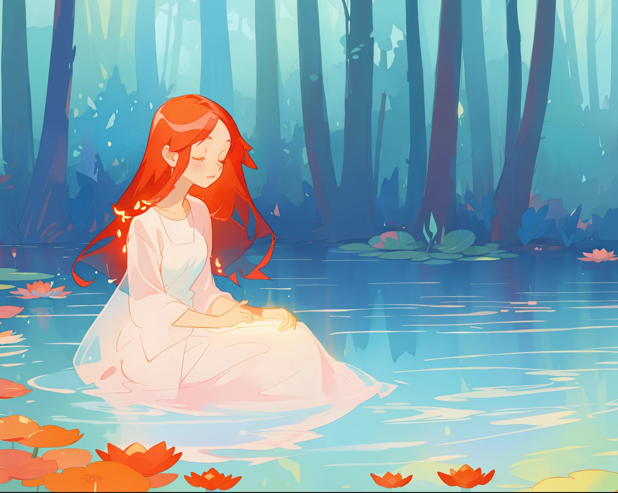 beautiful girl in white sitting in the water, long red hair, magical forest background, red water lilies in the water, beautiful lake of water, watercolor illustration, disney art style, glowing aura around her, glowing lights, beautiful digital illustration, fantasia otherworldly landscape plants flowers, beautiful, masterpiece, best quality, anime disney style
