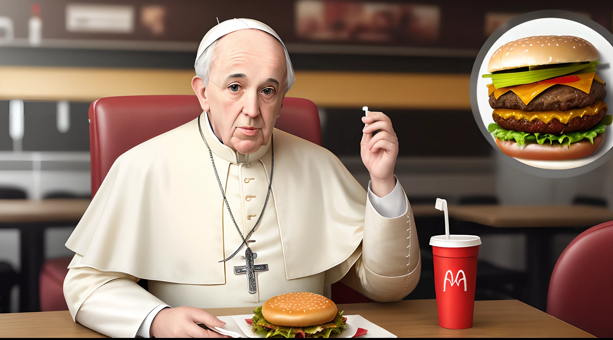 Pope Francis eating hamburger in a diner. Realistic and detailed, cinematic, intricate image