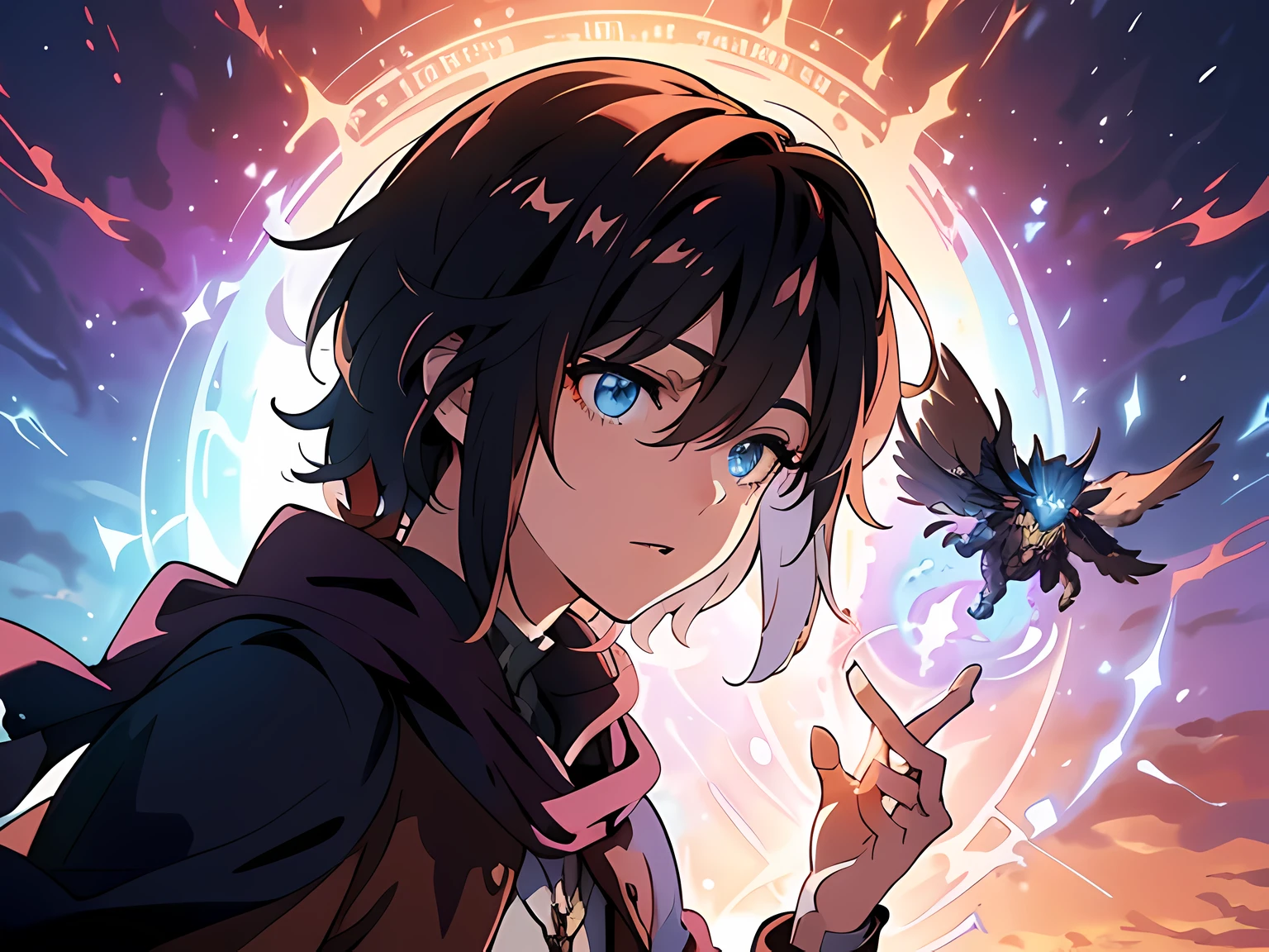 masterpiece, In a world where magic and technology exist side by side, a young man (black hair, short hair) sets out on a journey to hone their skills and uncover the secrets of their powers, beautiful eyes finely detailed. Along the way, they meet a diverse cast of characters, including other mages, robots, and creatures from beyond their world. As they travel through fantastical lands and face incredible challenges, the mage must learn to harness the full potential of their abilities and unlock the true potential of magic in the modern age. sometimes he also must fight with unknown creatures.