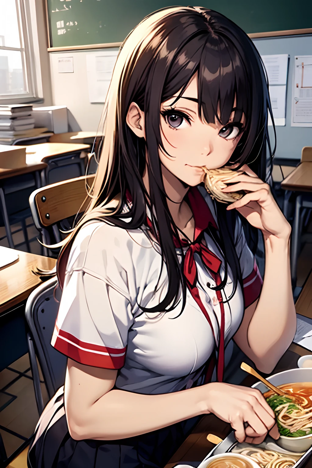 eating ramen noodle、ramen、1girl in, Ahegao ( Silly / Sexual ecstasy)、top-quality, Photorealistic, An ultra-fine illustrations, beautiful attractive anime girl, A dark-haired、Blunt bangs、Slender body,  one girls, a photo of girl, Full body shot, Beautiful black eyes, Turned, in a school、Sitting at your desk、Sarah Clothes、a black pleated skirt