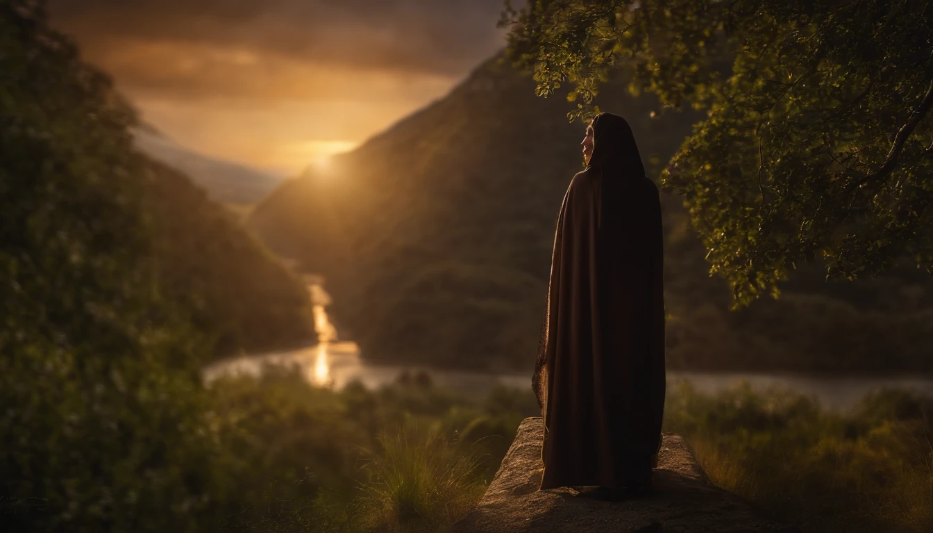 (Biblical times) On the left side of the image is Our Lady of Aparecida, negra , , On the right side of the image is a scary demon (Biblical times) profundidade de campo, Bokeh, Realismo, fotorrealista, hiper-realismo, fotografia profissional, 8k UHD , DSLR, HDR , piece of master, melhor qualidade, filme granulado, Pintura fotorrealista, Fujifilm XT3